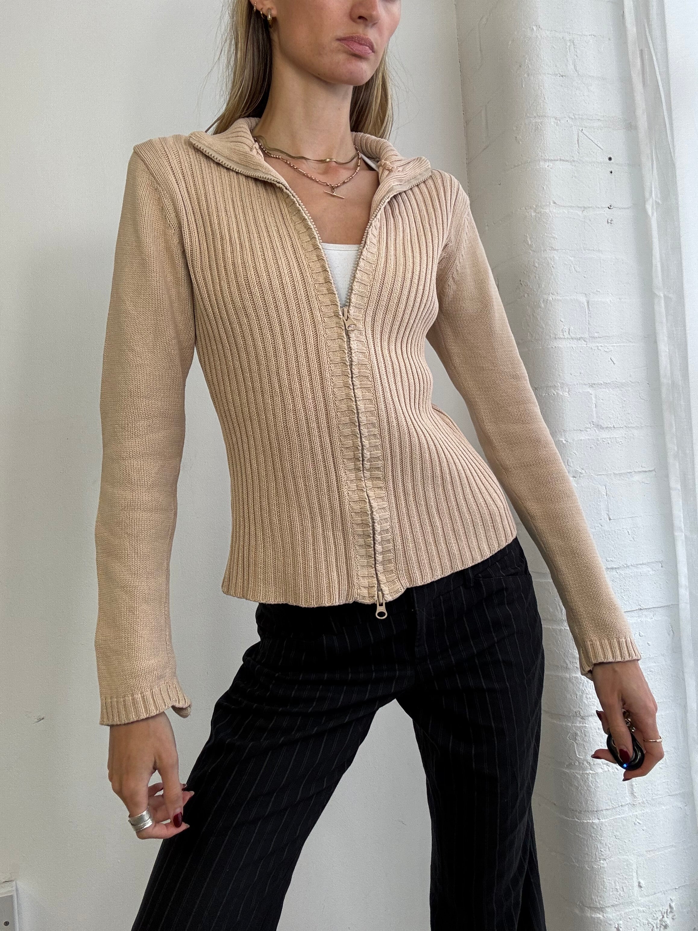 Vintage Y2K beige knitted dual zip jumper