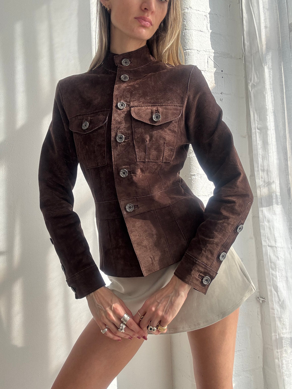 Vintage Y2K brown suede fitted button-up jacket