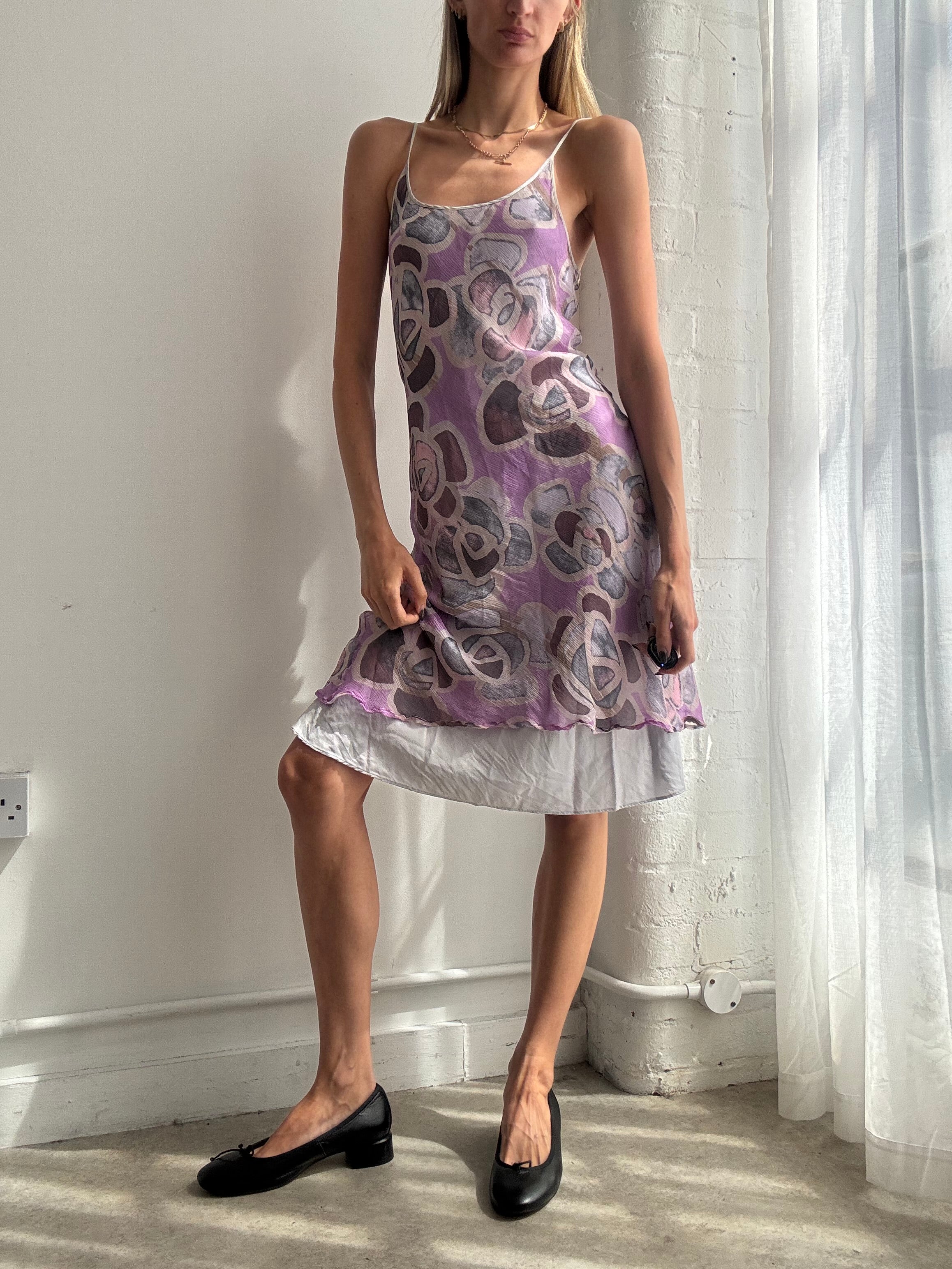Vintage Y2K lilac silk abstract mesh slip dress - Size M