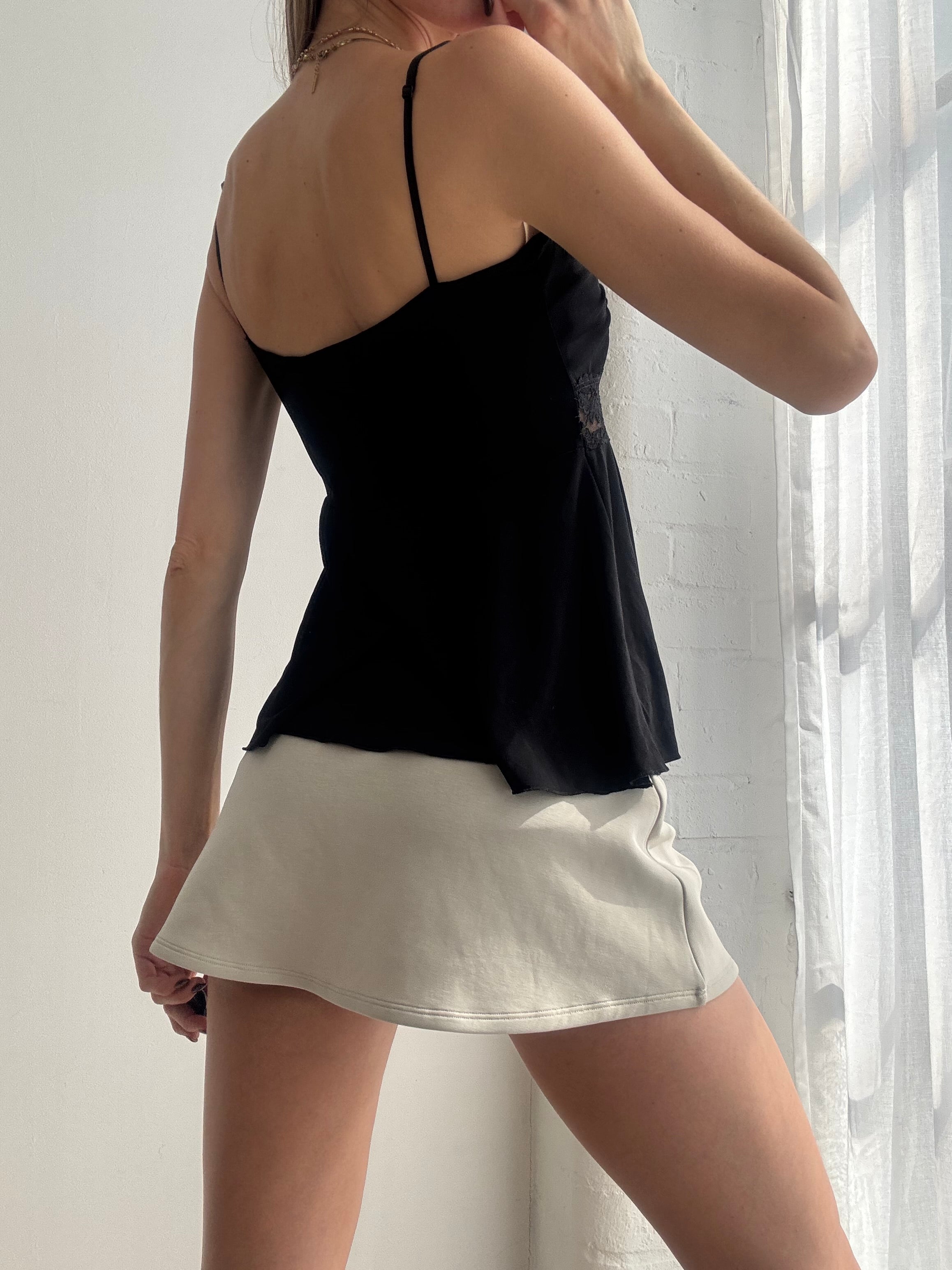 Vintage Y2K black cami top with lace panel & peplum hem