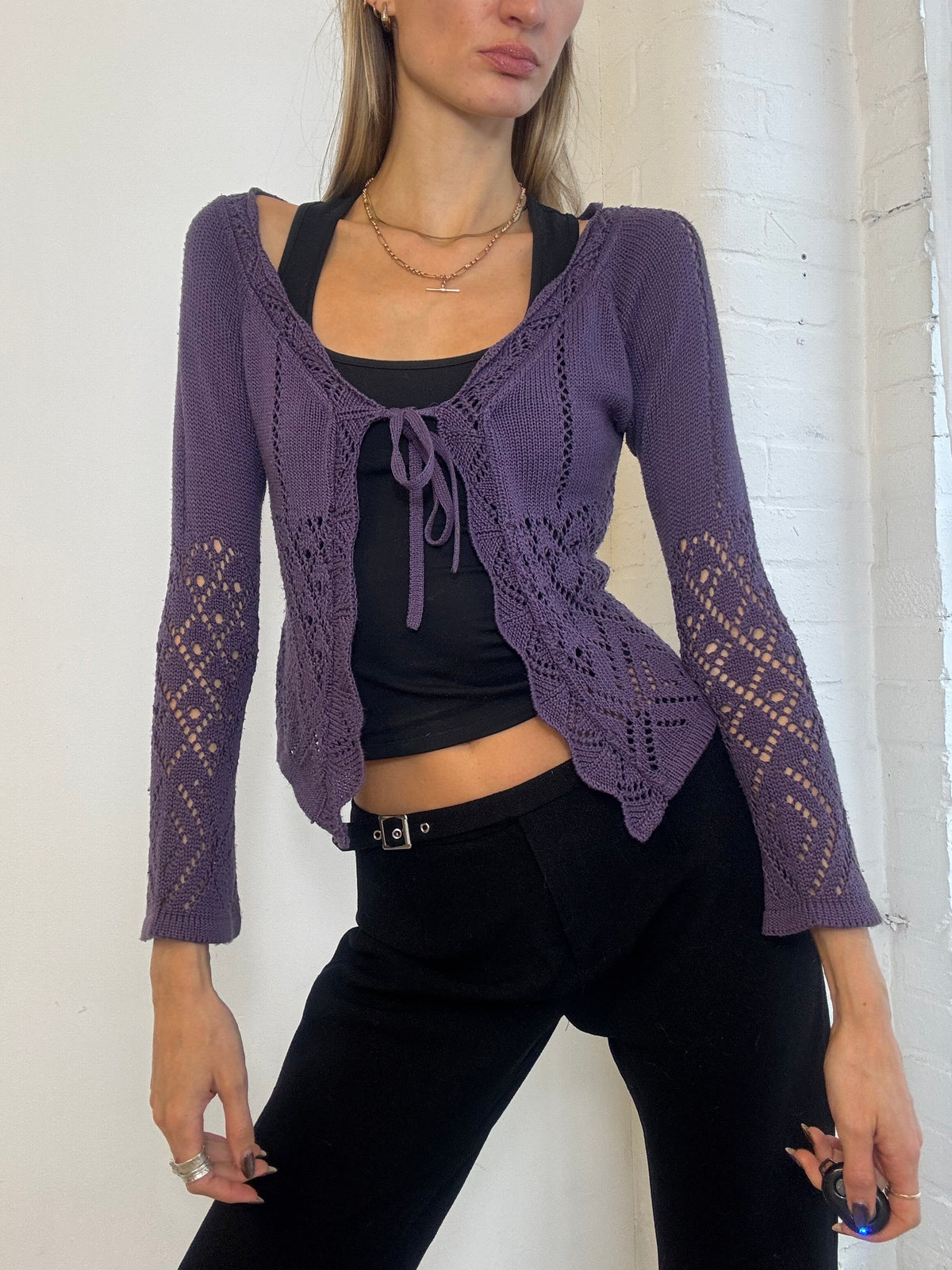 Vintage Y2K Purple Pointelle Knit Tie Front Cardigan - Size S