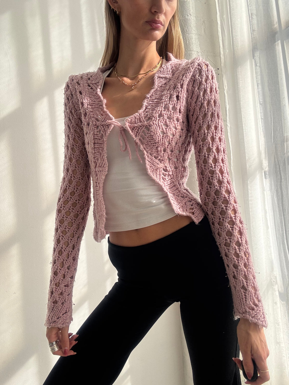 Vintage Y2K Dusty Pink Crochet Tie Front Cardigan - Size XS-S