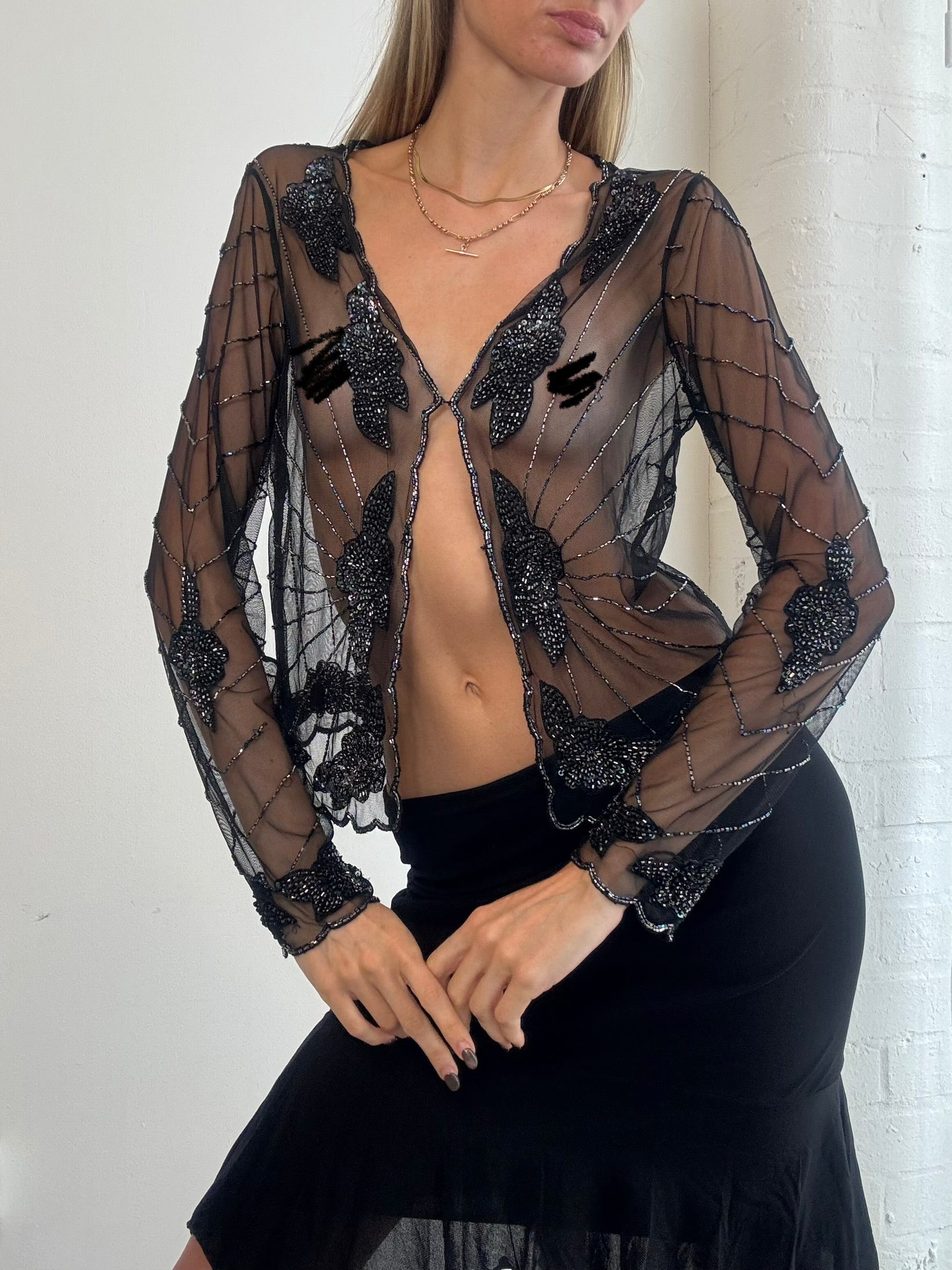 Vintage Y2K sheer black beaded mesh cardigan - Size M