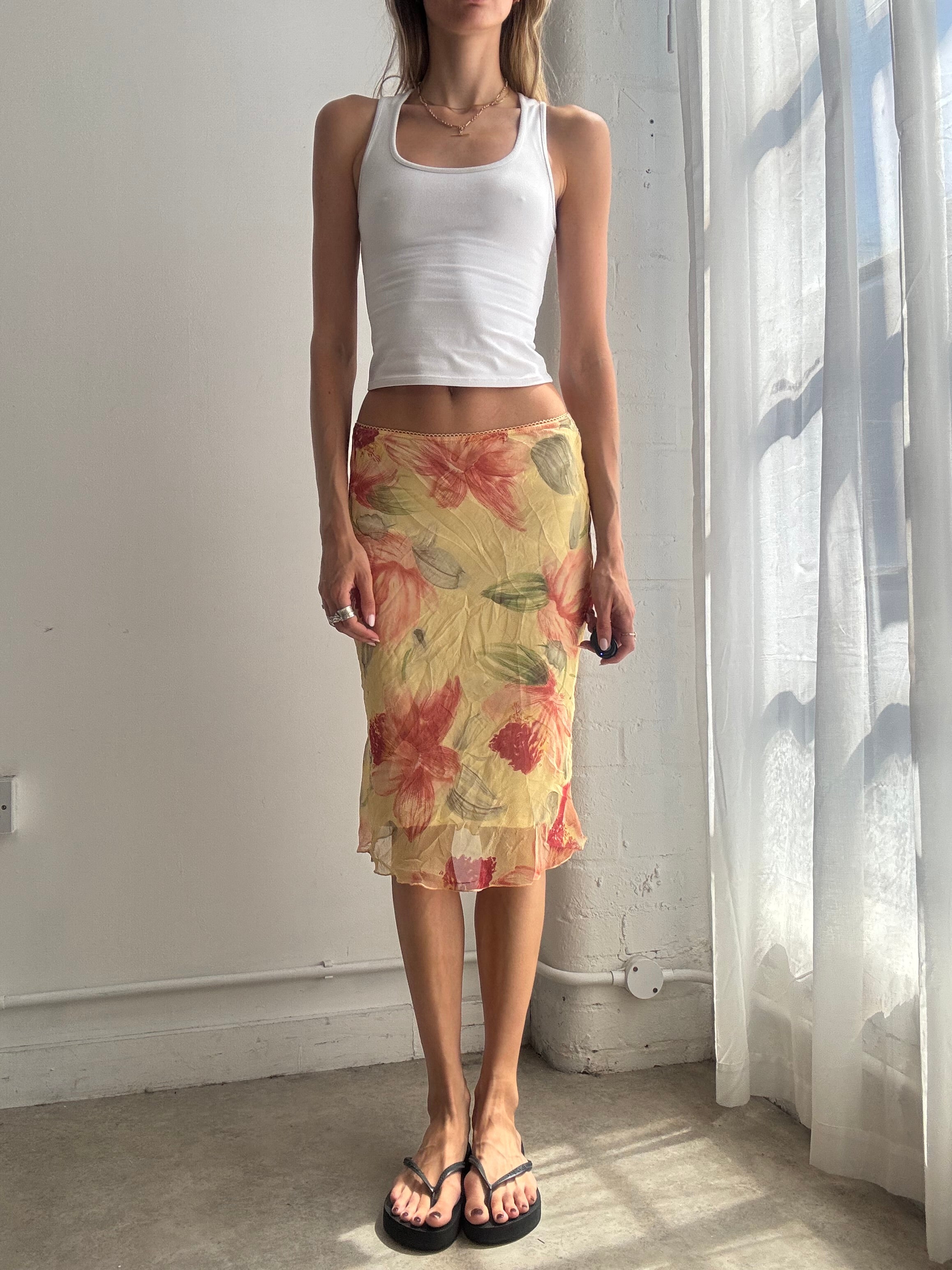 Vintage Floral Mesh Midi Skirt Y2K - Size XS/S