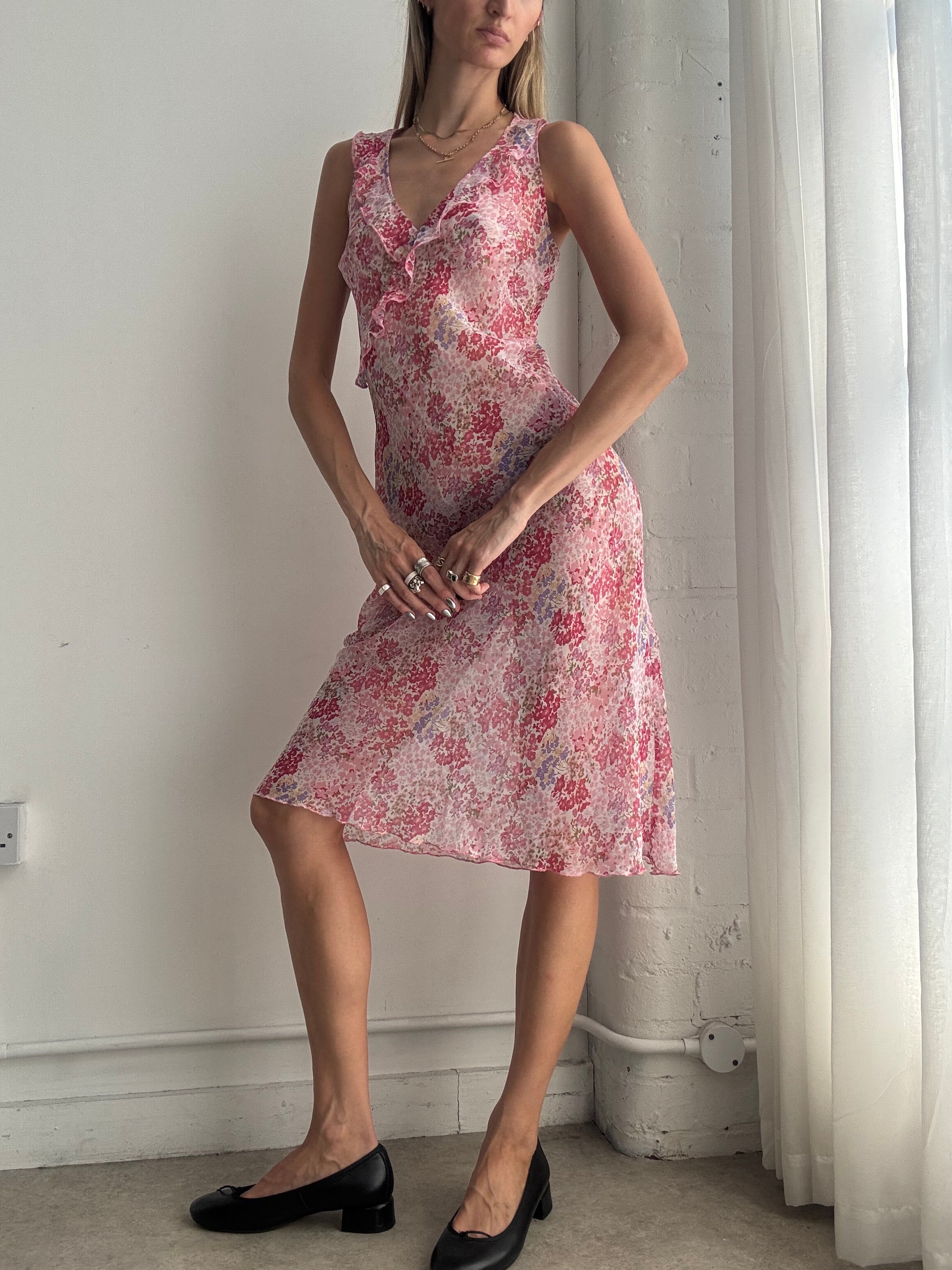 Vintage Y2K Pink Floral Bias Cut Mesh Midi Dress – Size M