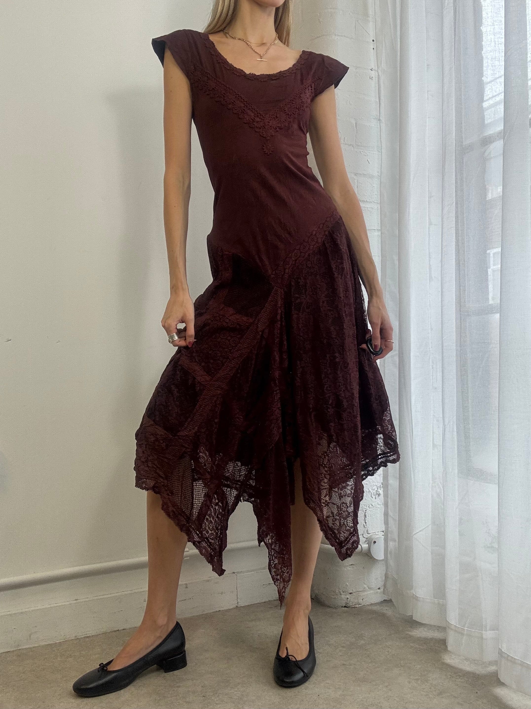 Vintage Y2k Asymmetric Lace Midi Dress Brown Fairy