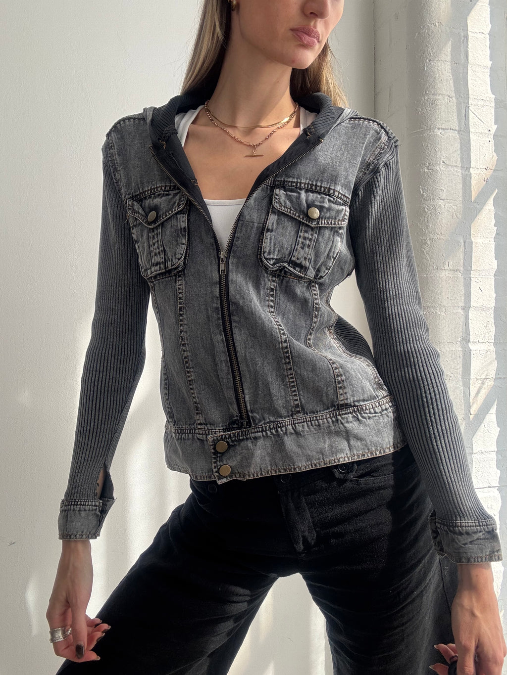Vintage Y2K grey denim & knit zip up hooded jacket - Size S