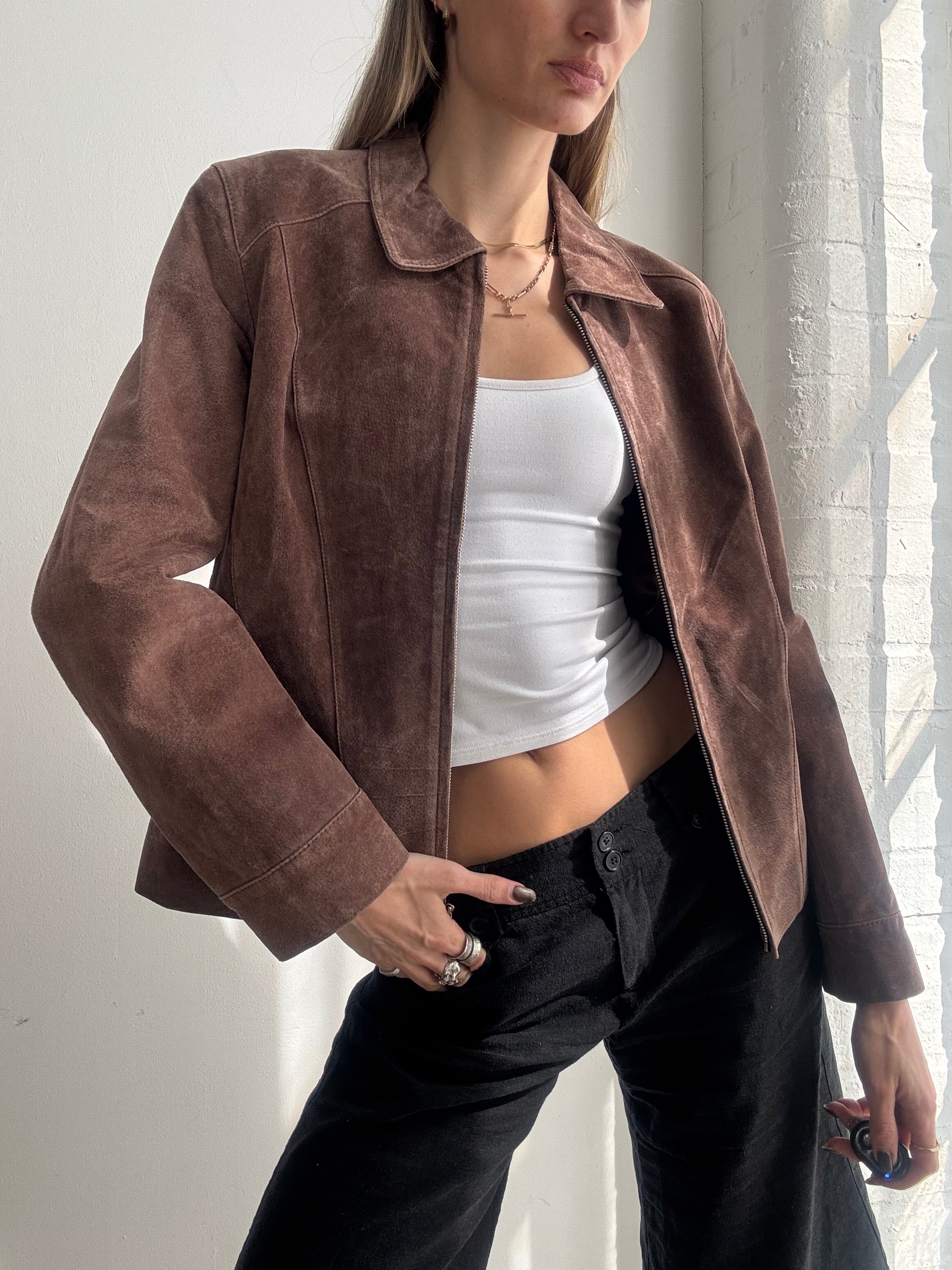 Vintage Y2K brown suede leather jacket - Size M