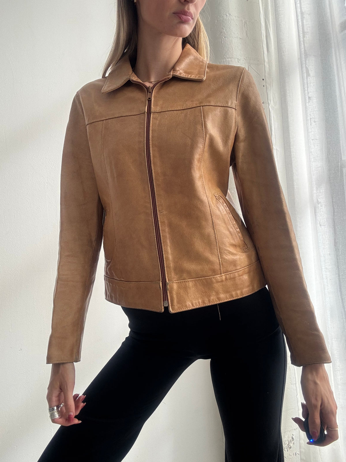 Vintage Y2K Tan Brown Leather Zip Up Jacket - Size S
