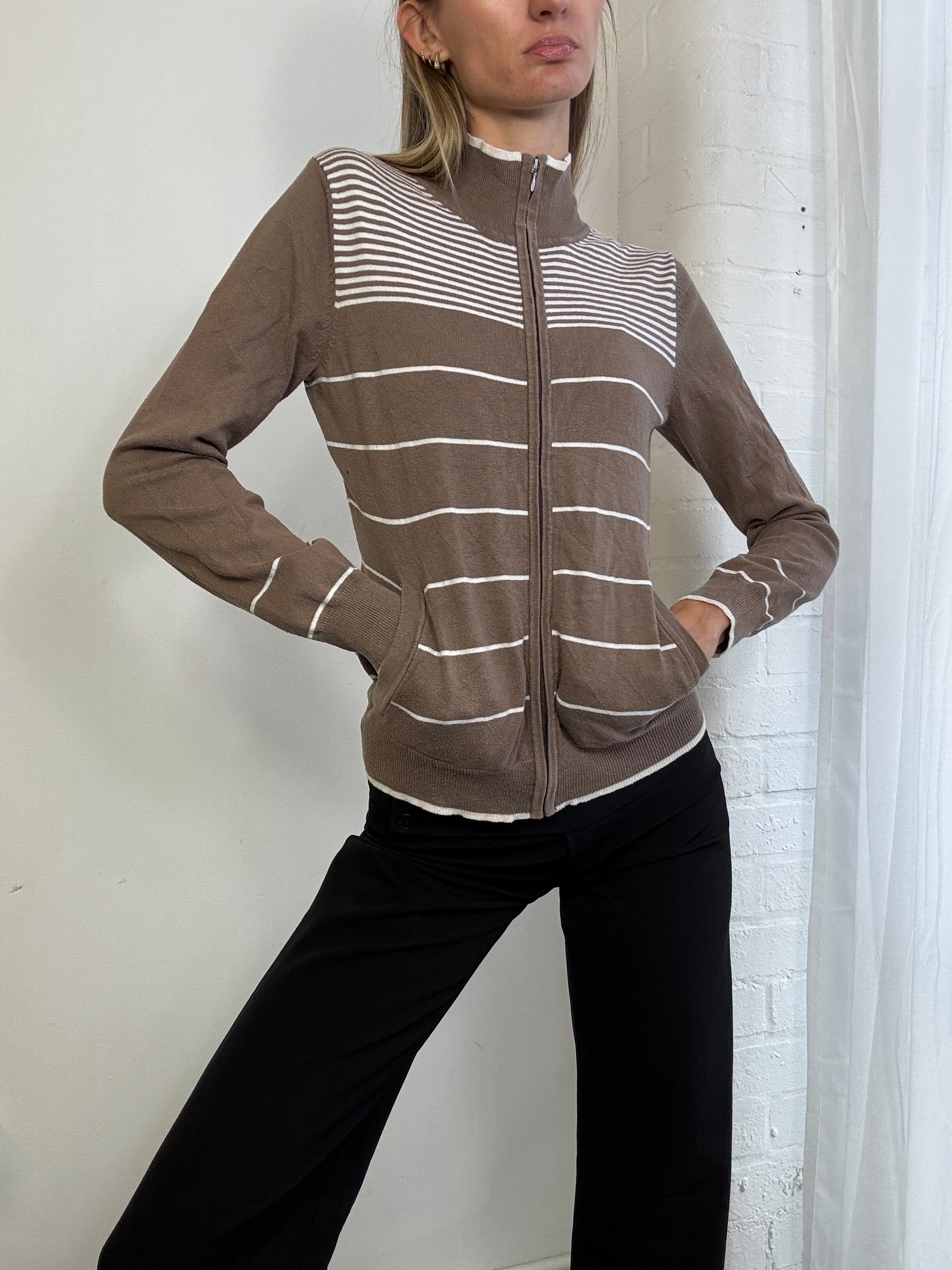 Vintage Y2K striped zip up knitted jumper