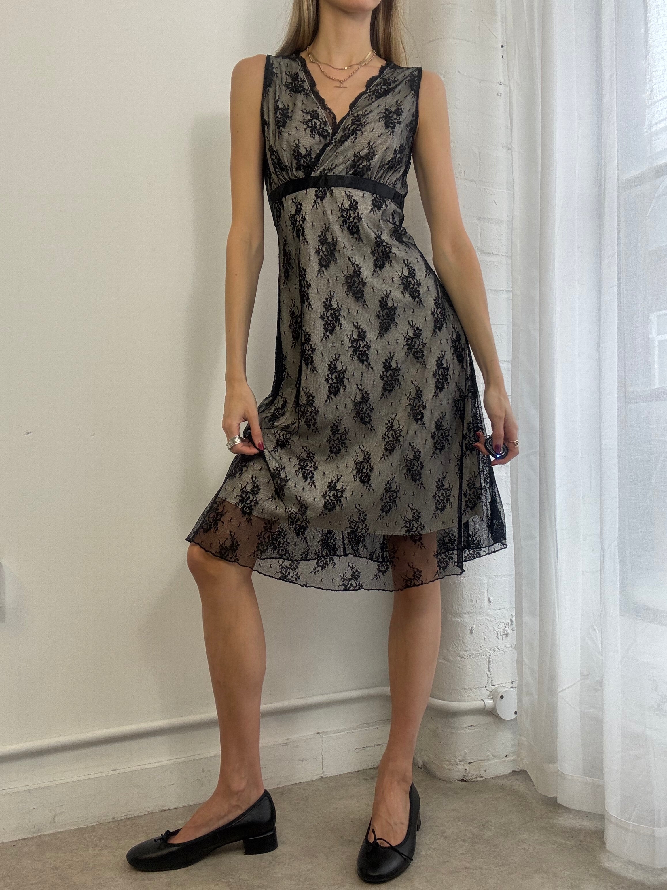 Vintage 90s Black Lace Midi Dress