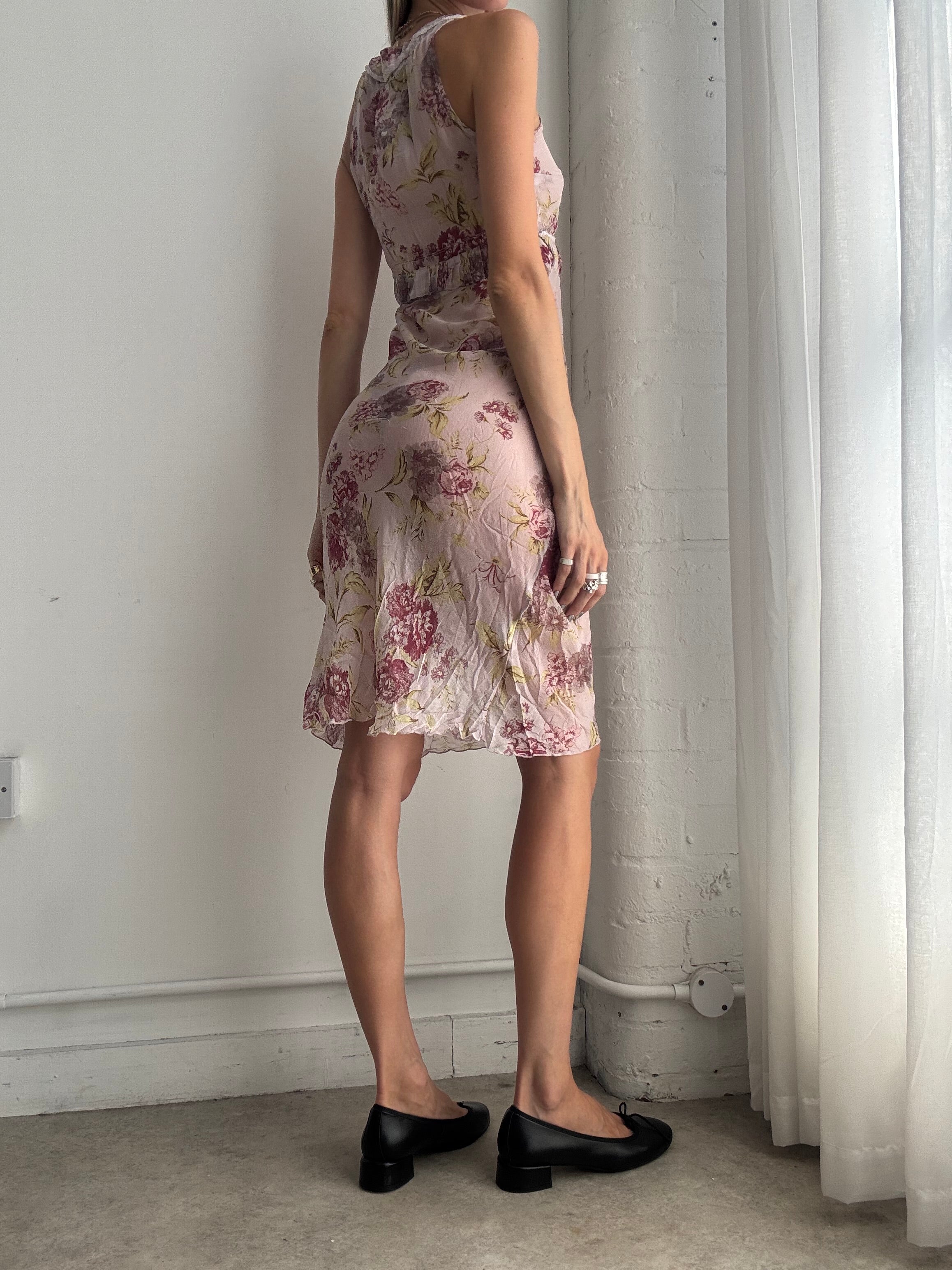 Vintage Y2K Pink Floral Sheer Ruched Midi Dress – Size S
