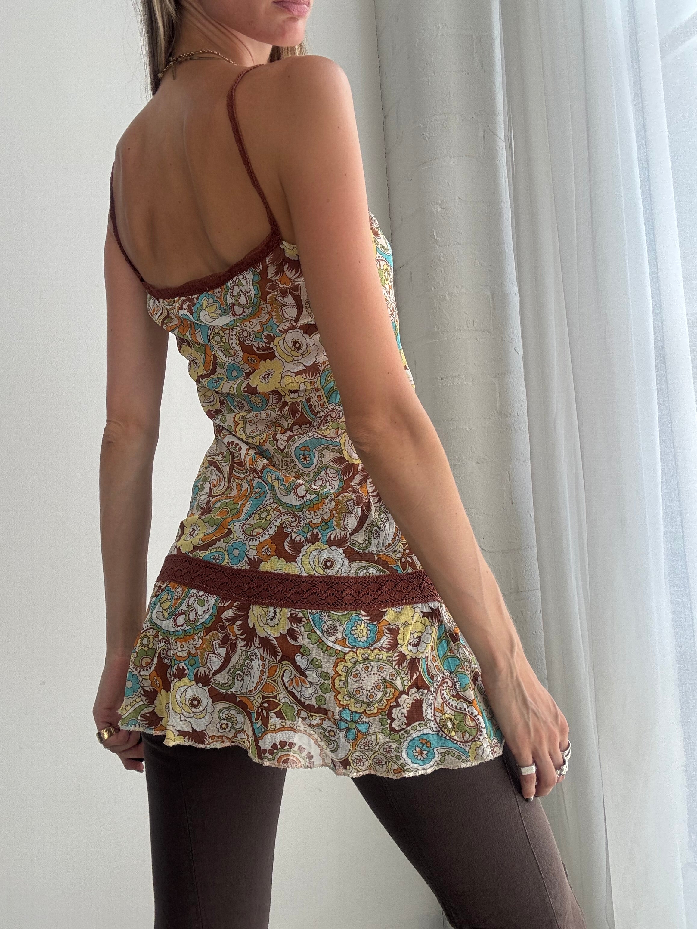 Vintage Y2K Paisley Floral Cami Top / Mini Dress  – Lace Trim - Size S