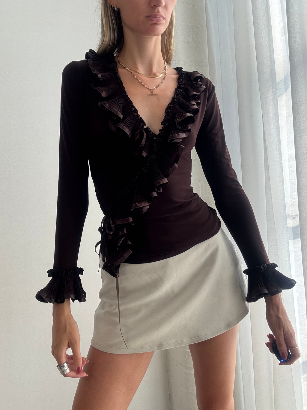 Vintage y2k Chocolate Brown Ruffle Wrap Top - Size XS-M