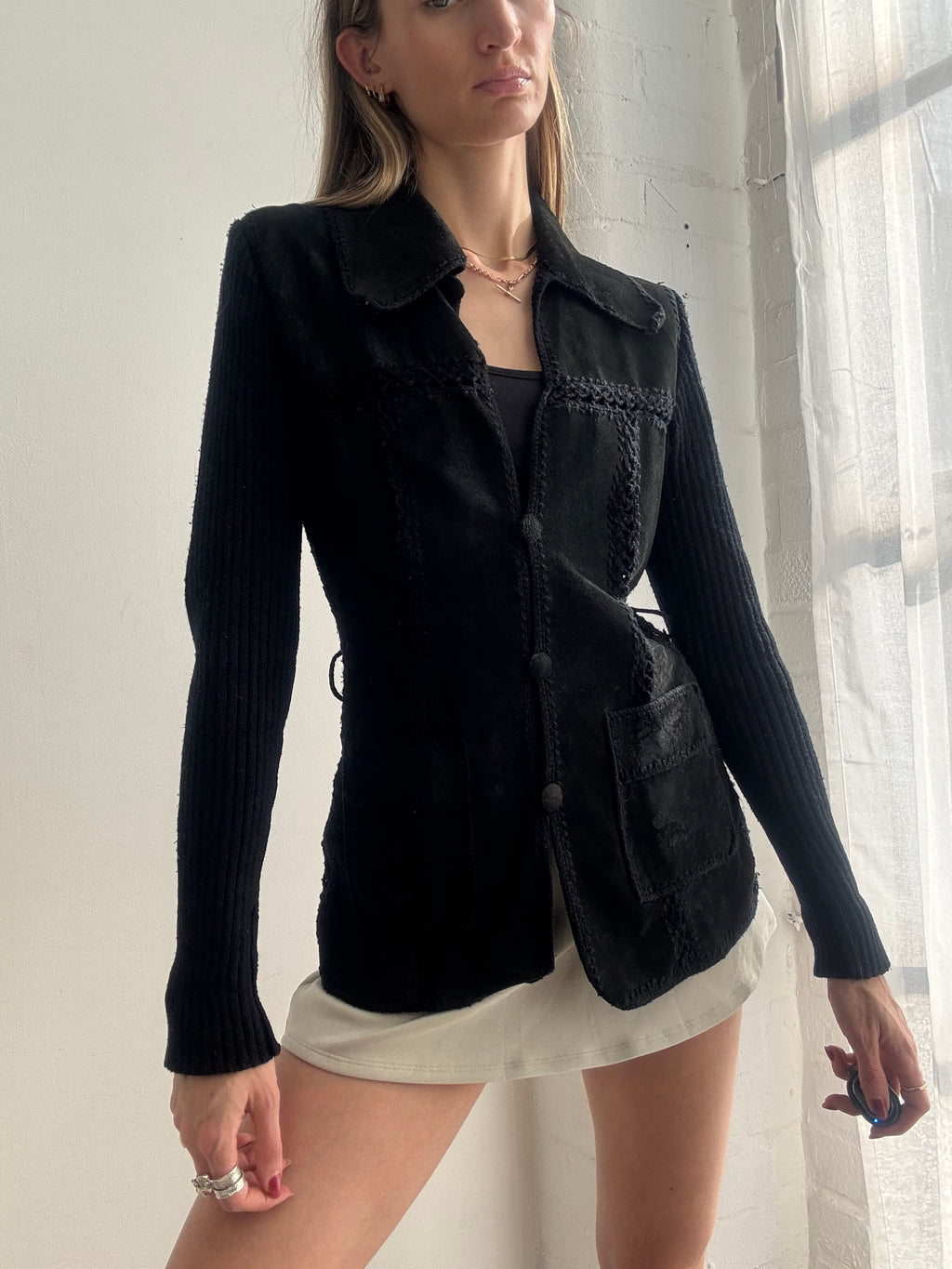 Vintage Black Suede & Crochet Patchwork Jacket Belted