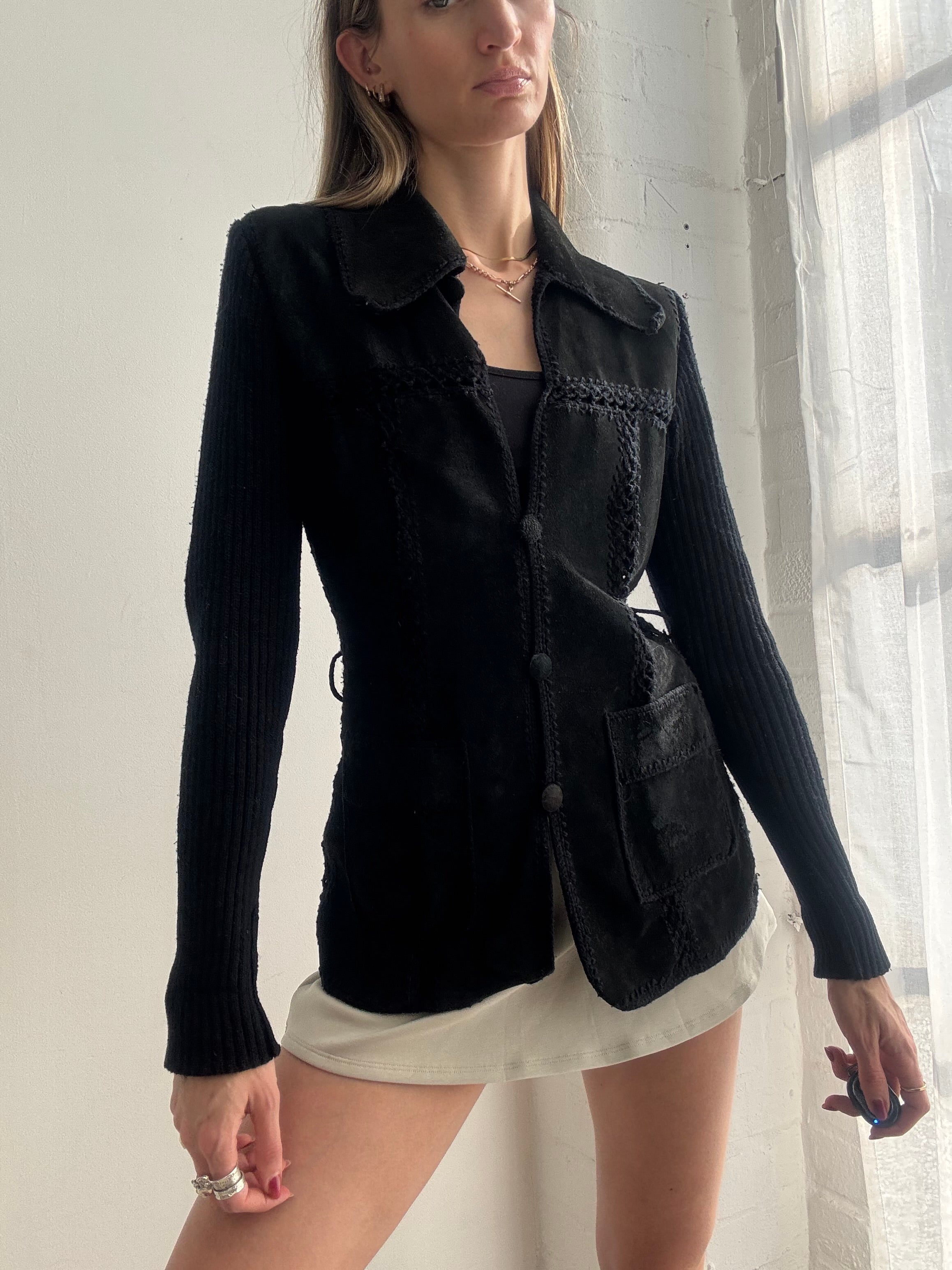 Vintage Black Suede & Crochet Patchwork Jacket Belted