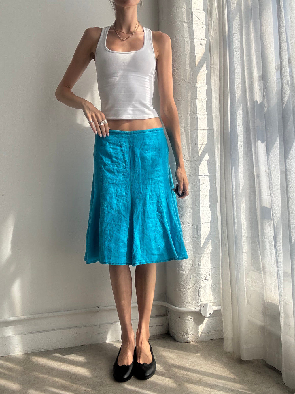 Vintage Y2K Turquoise Linen Midi Skirt - Size S