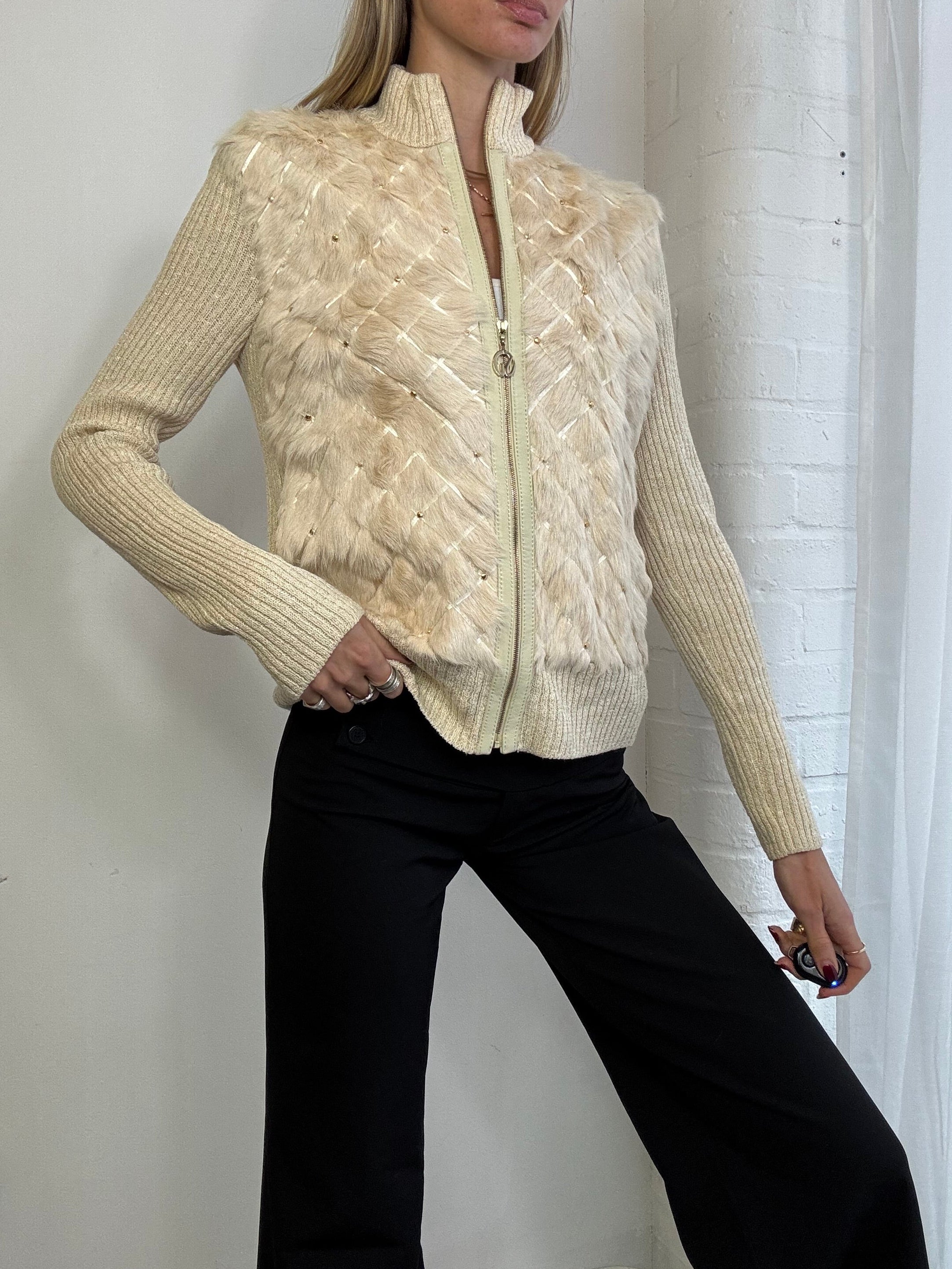 Vintage Y2K cream genuine fur zip up jumper