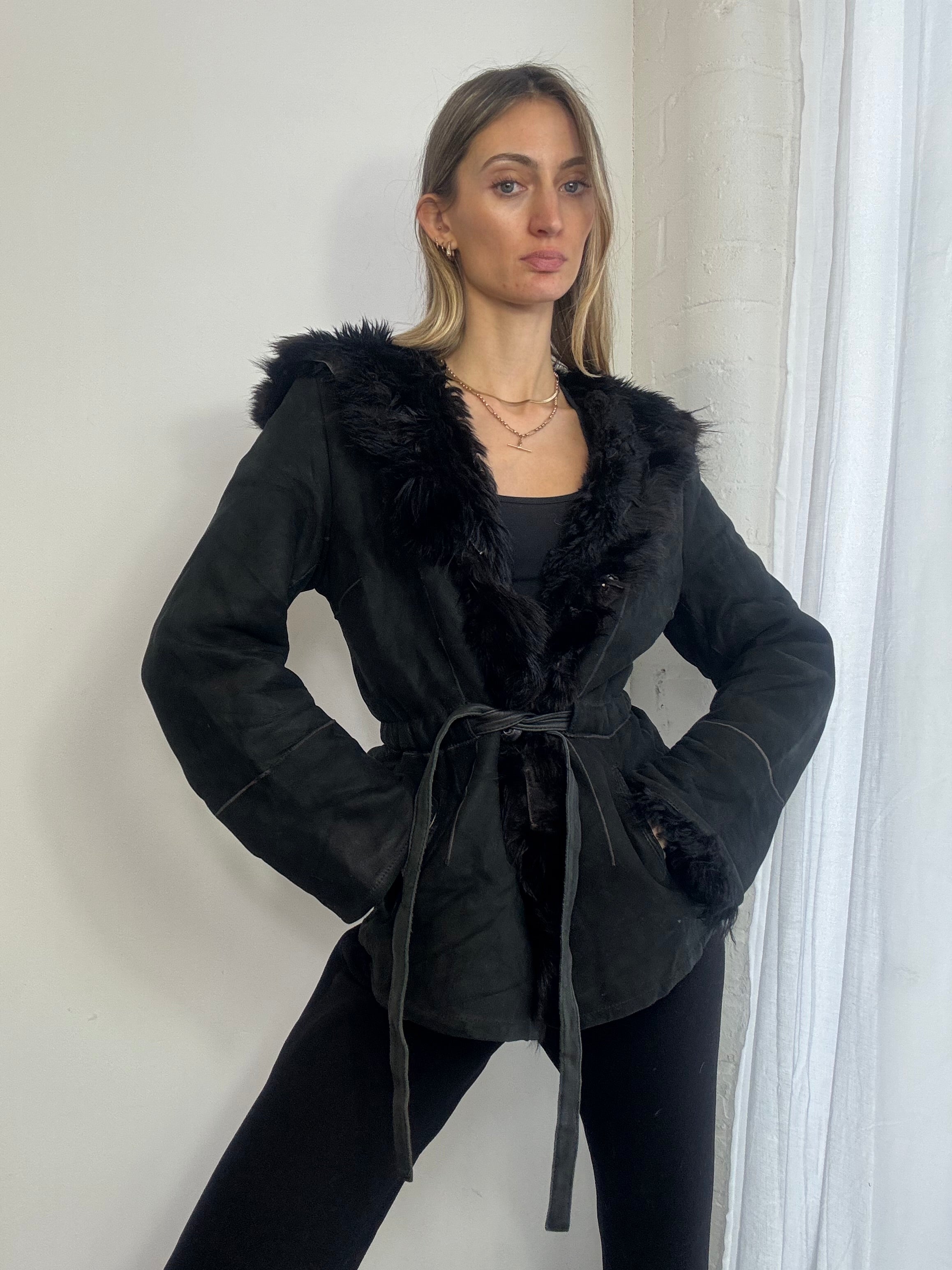 Vintage Y2K black suede sheepskin hooded coat fur trim