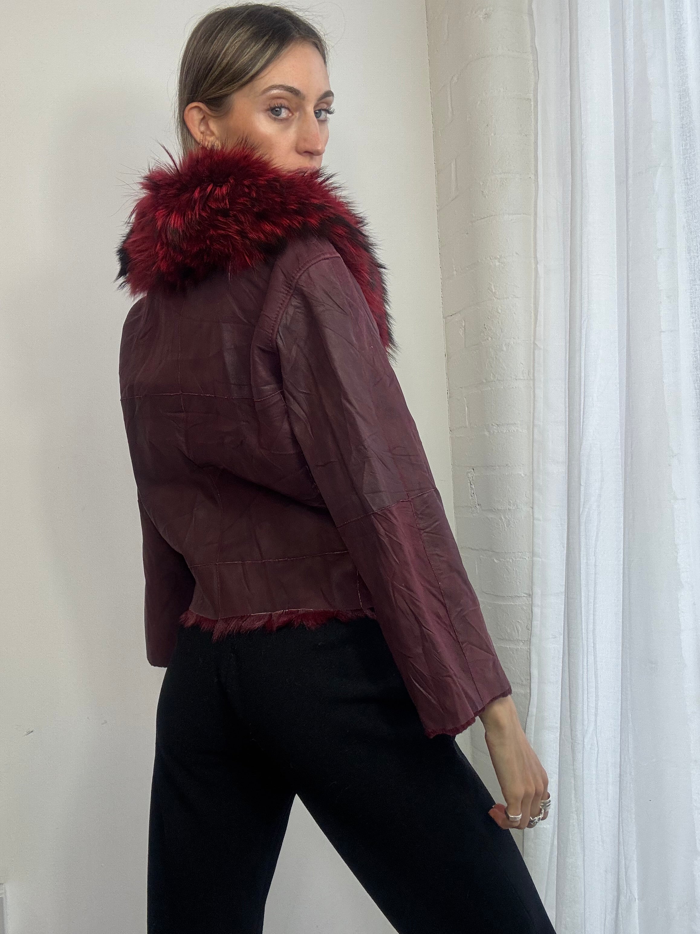 Vintage Y2K distressed red leather jacket with genuine fur trim