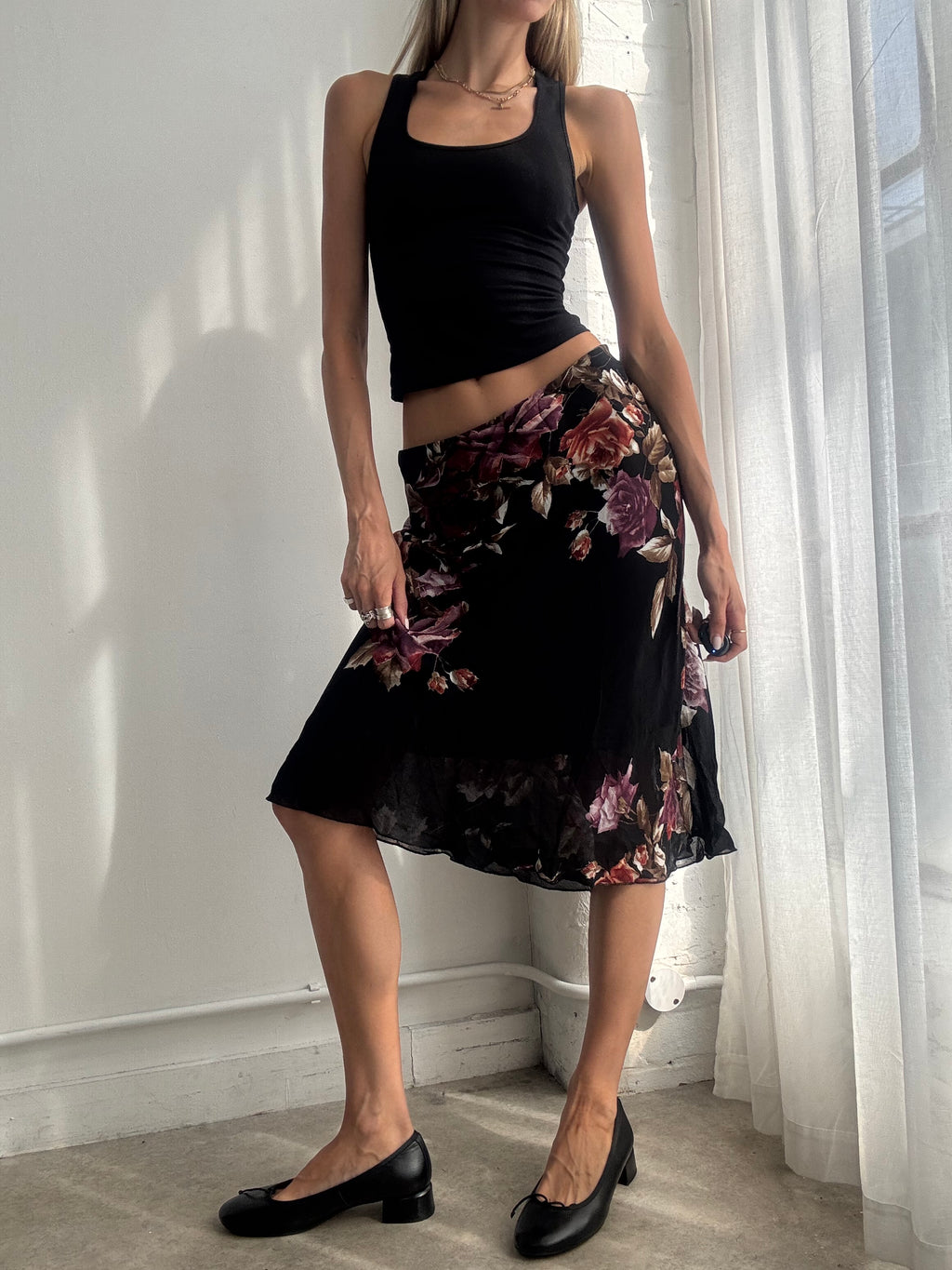 Vintage Y2K Black Floral Mesh Midi Skirt - Size M/L