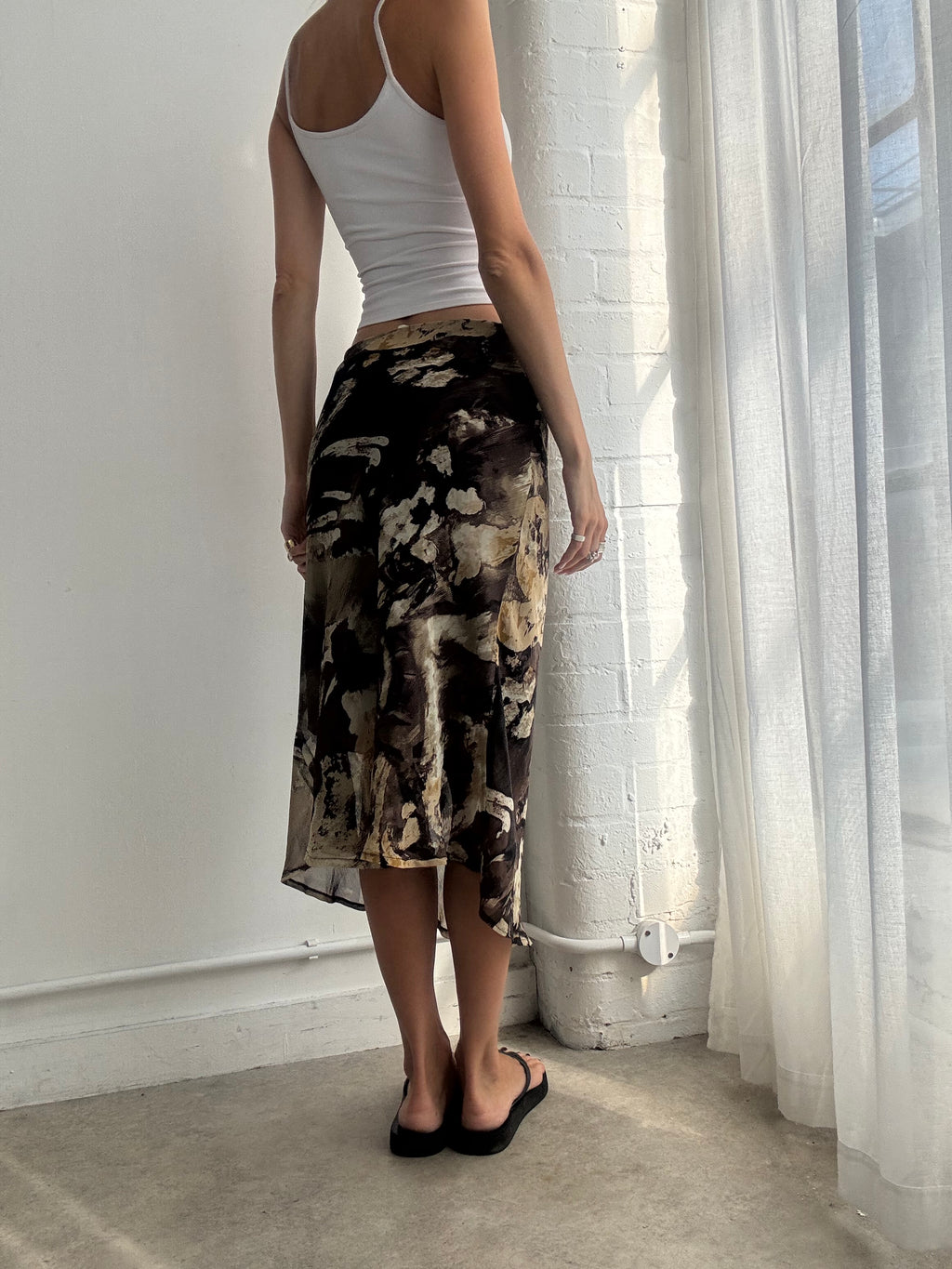 Vintage Y2K Abstract Mesh Bias Cut Midi Skirt - Size L