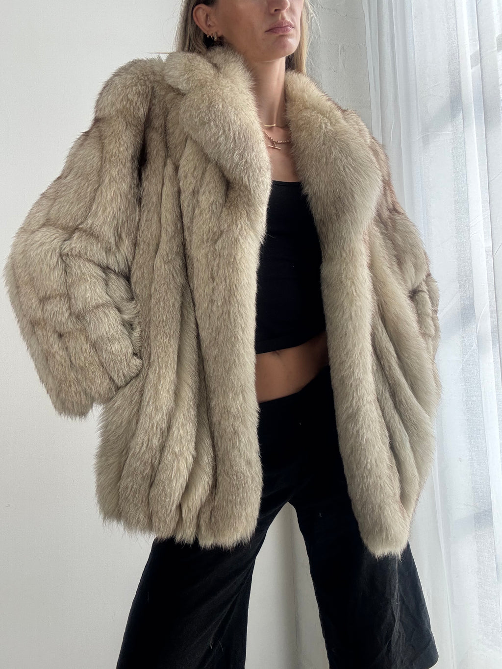 Vintage 90s Cream Fox Fur Oversized Jacket - Size XS