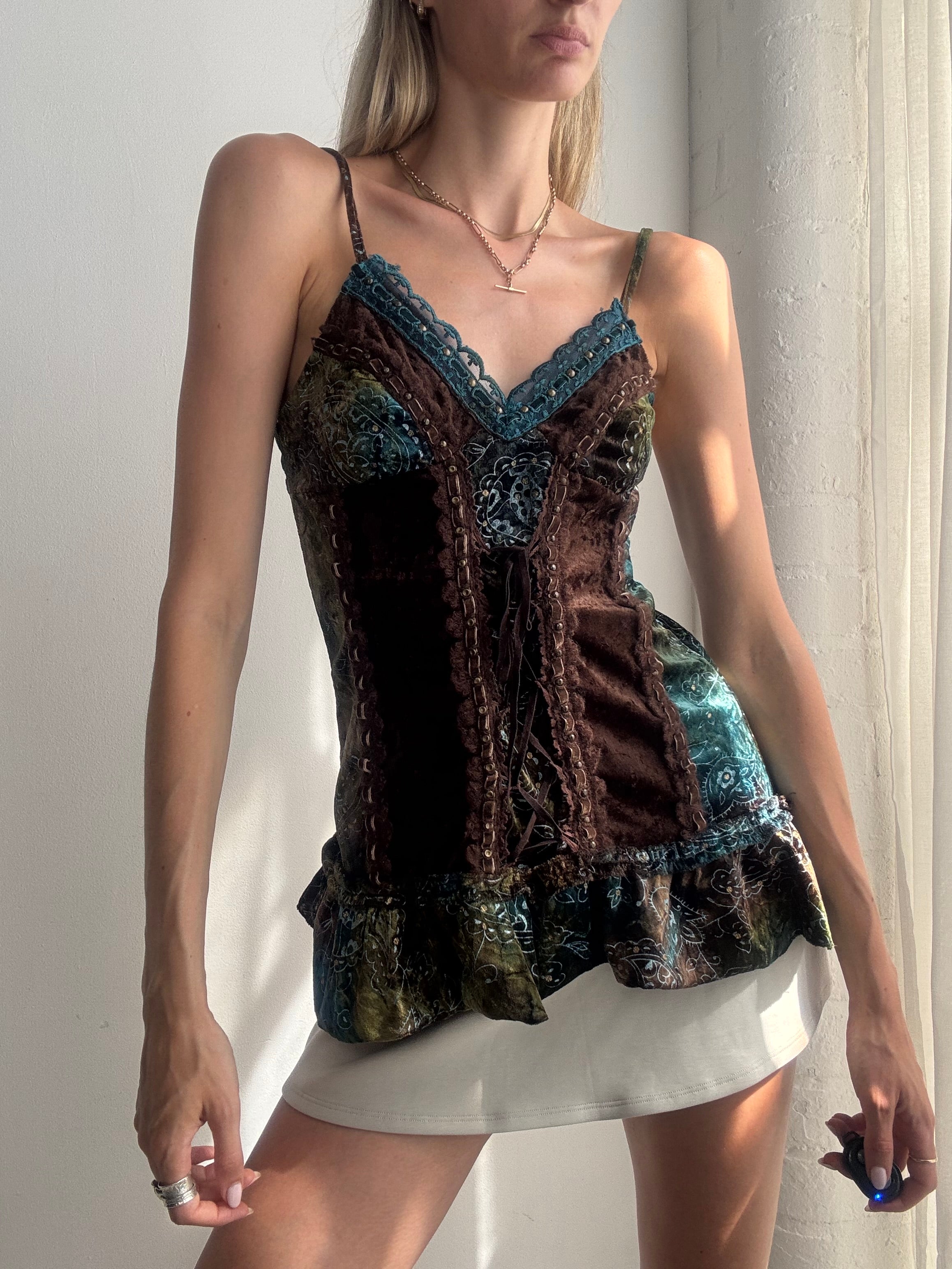 Vintage Y2K Velvet & Lace Paisley Corset Cami Top - Size XS/S