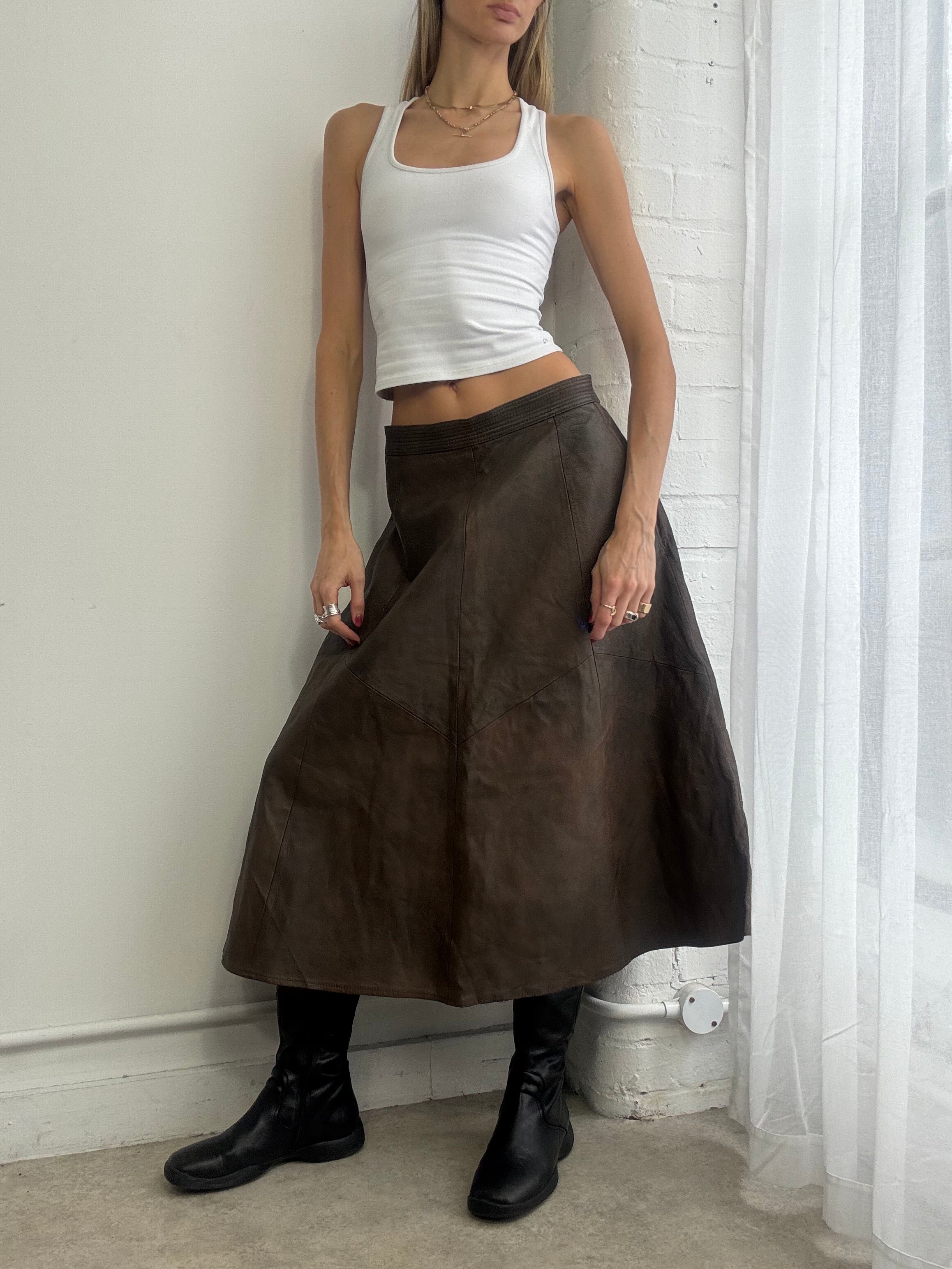 Vintage 90s distressed brown leather maxi skirt