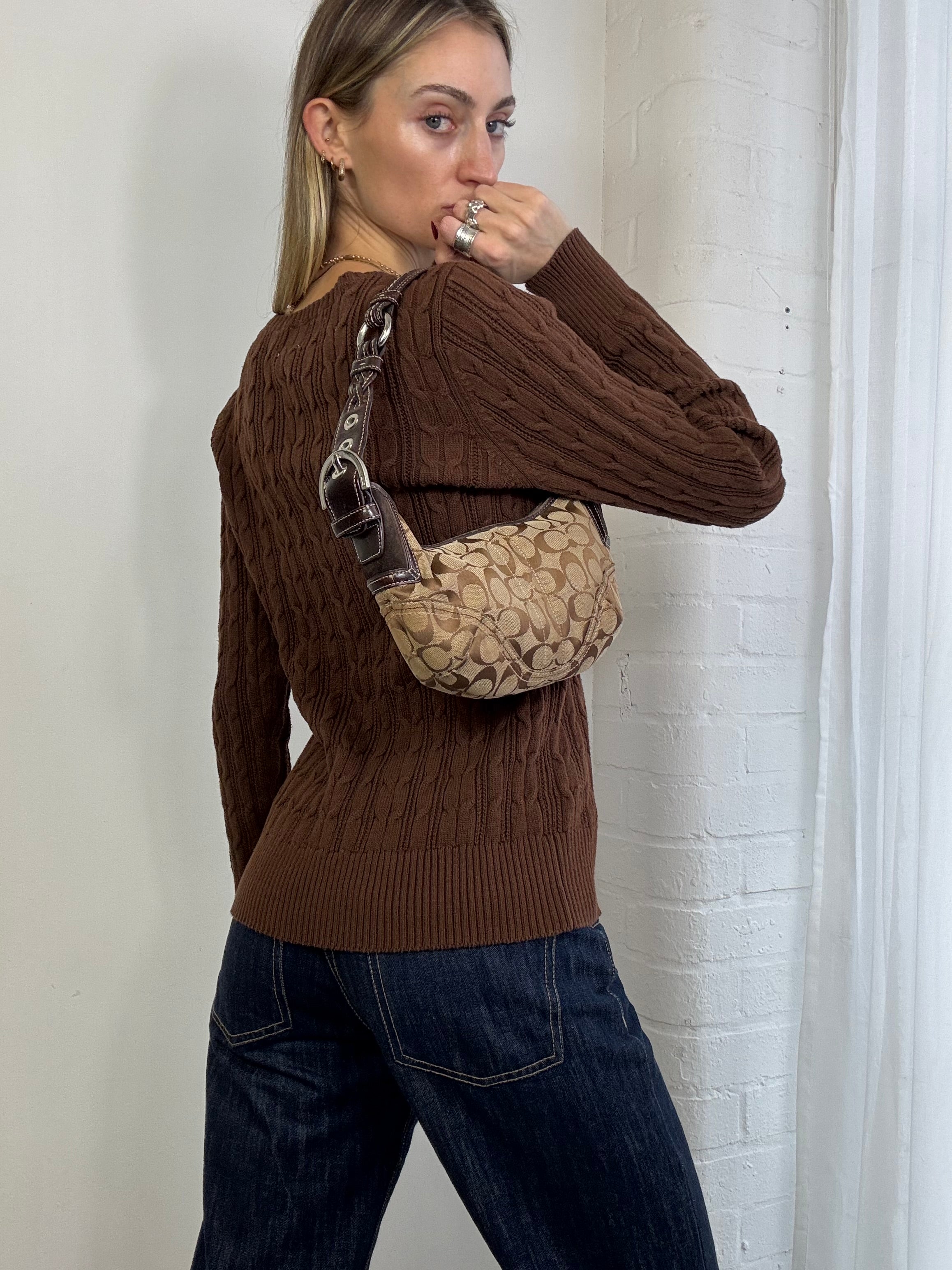 Vintage Y2K brown cable knit v-neck jumper