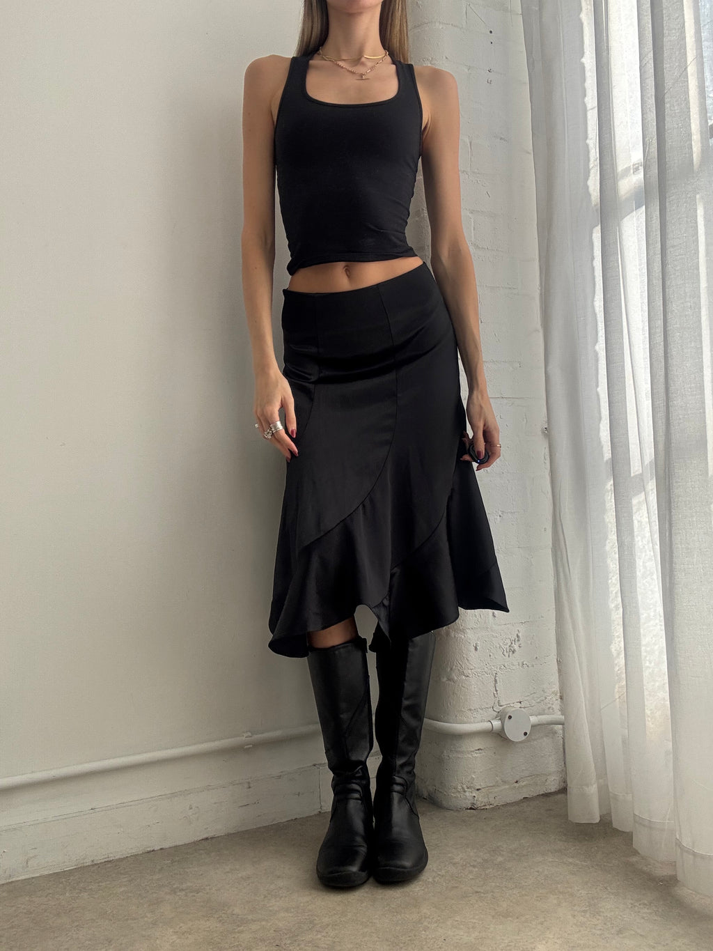 Vintage Y2K black satin ruffle midi skirt