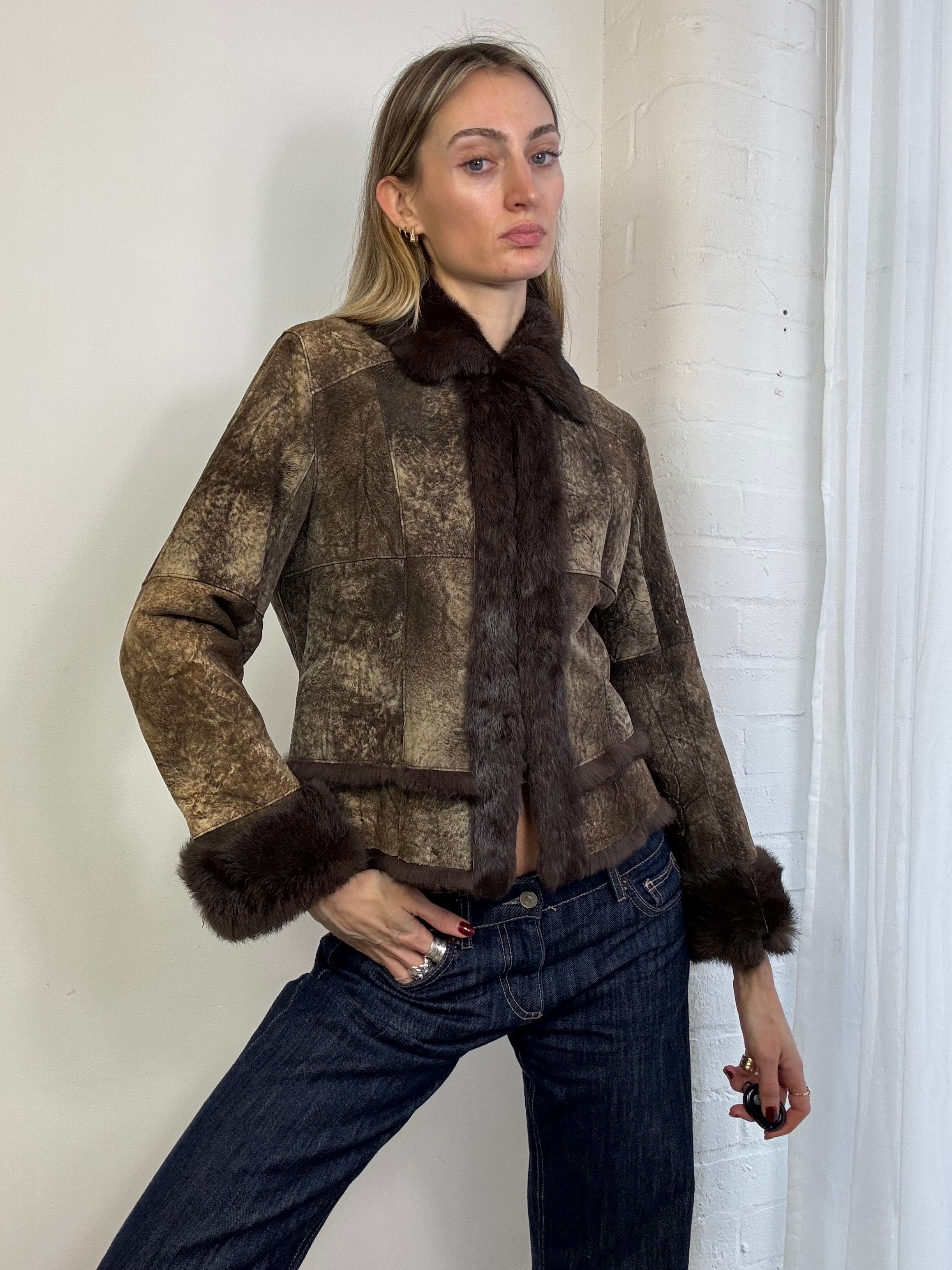 Vintage Y2K genuine suede & fur jacket brown