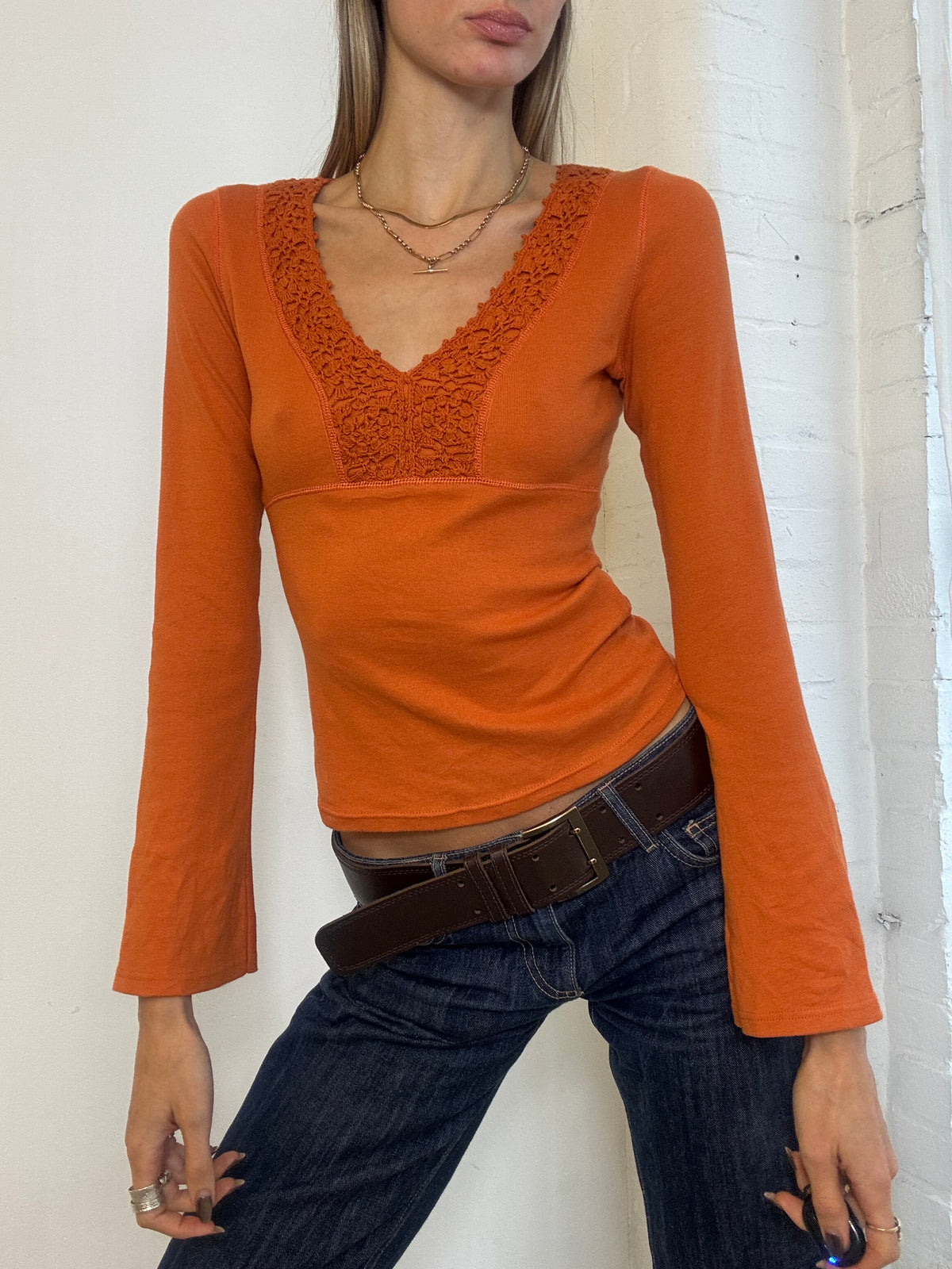 Vintage Y2K Promod Burnt Orange Crochet Trim Flared Sleeve Top - Size S