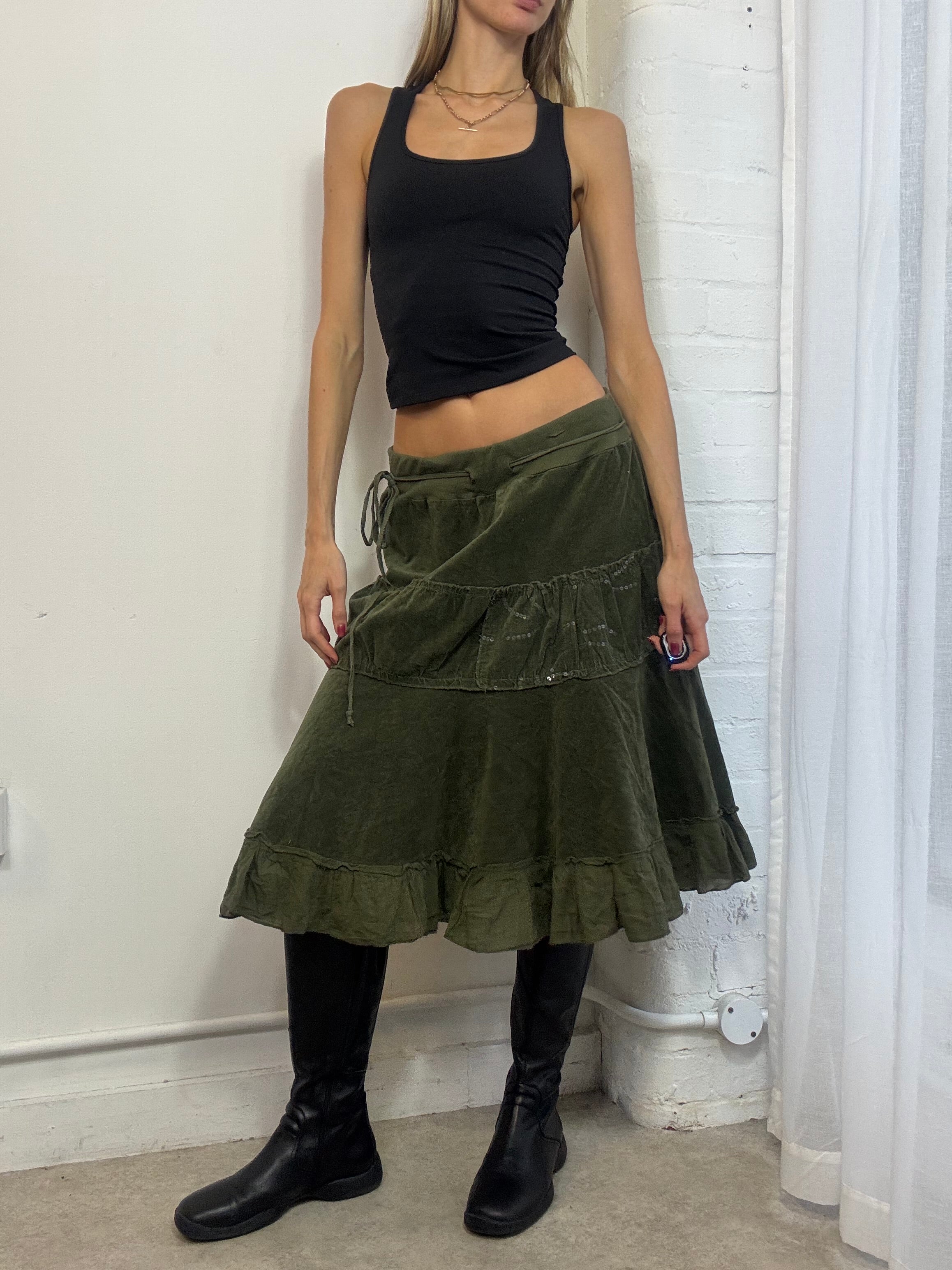 Vintage Y2K khaki green ruffle midi skirt