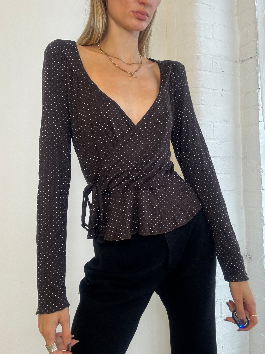 Vintage Y2K Chocolate Brown Polka Dot Wrap Peplum Top - Size S/M