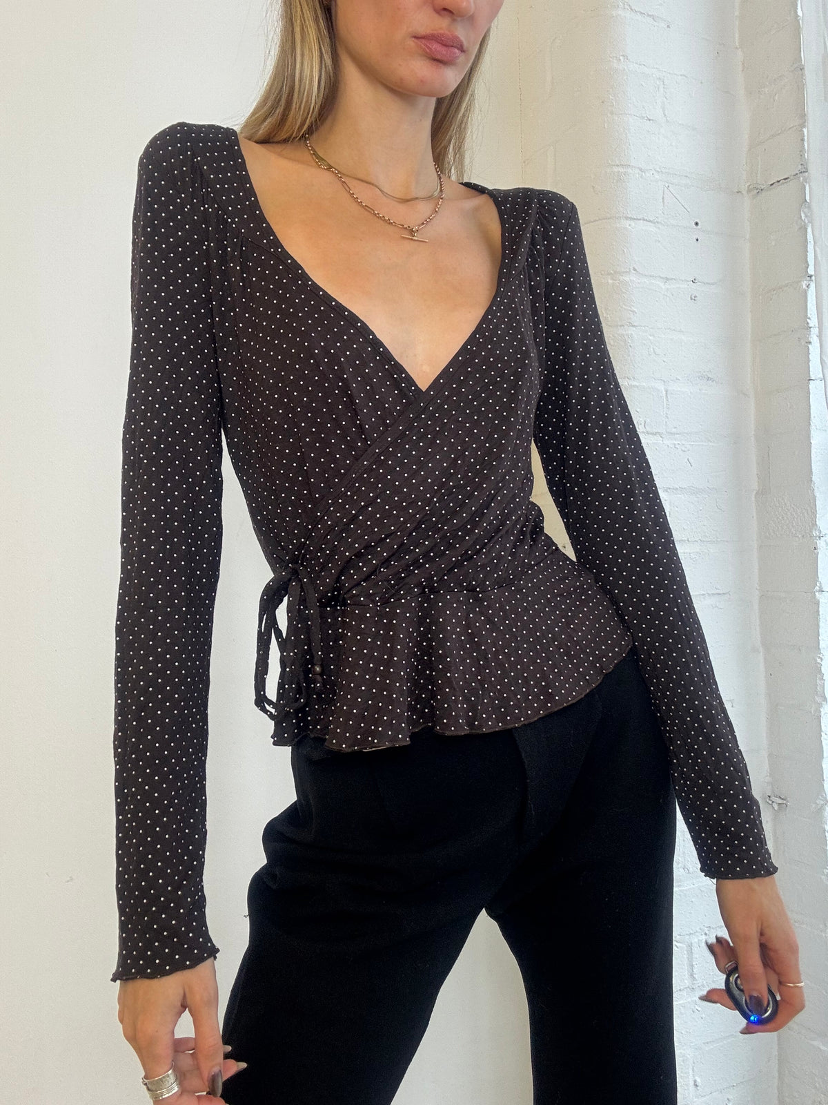 Vintage Y2K Chocolate Brown Polka Dot Wrap Peplum Top - Size S/M
