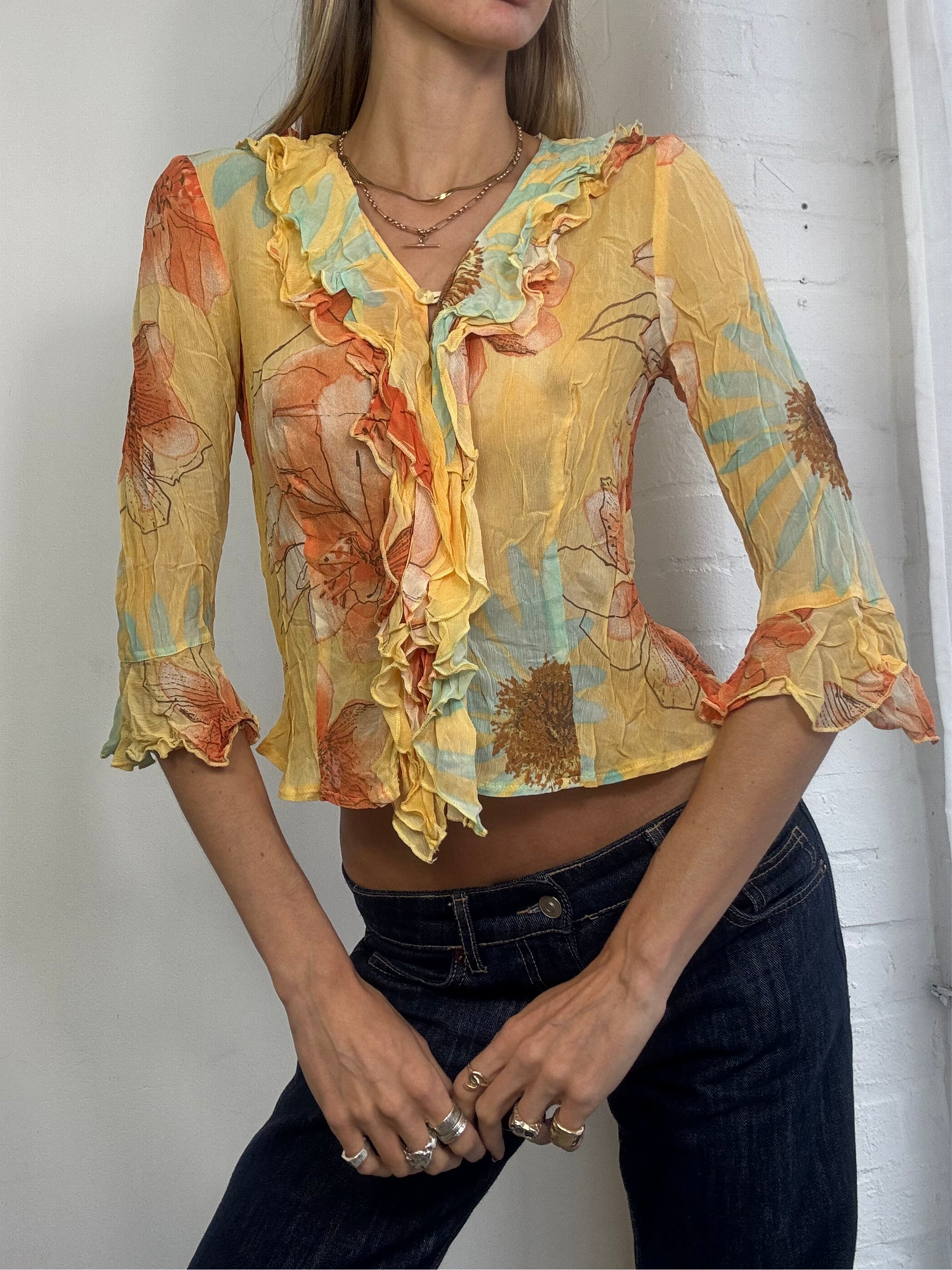 Vintage yellow floral ruffle blouse