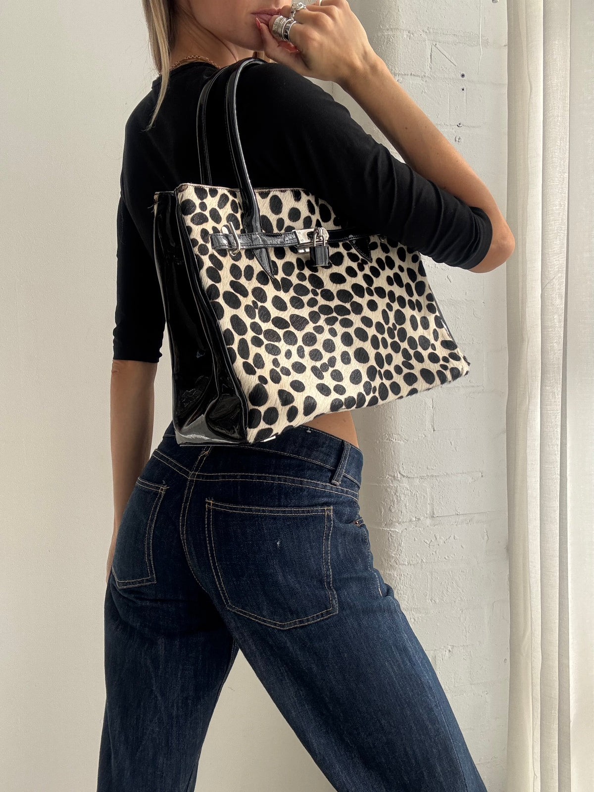 Vintage Y2K Black & White Leopard Print Ponyskin Structured Handbag