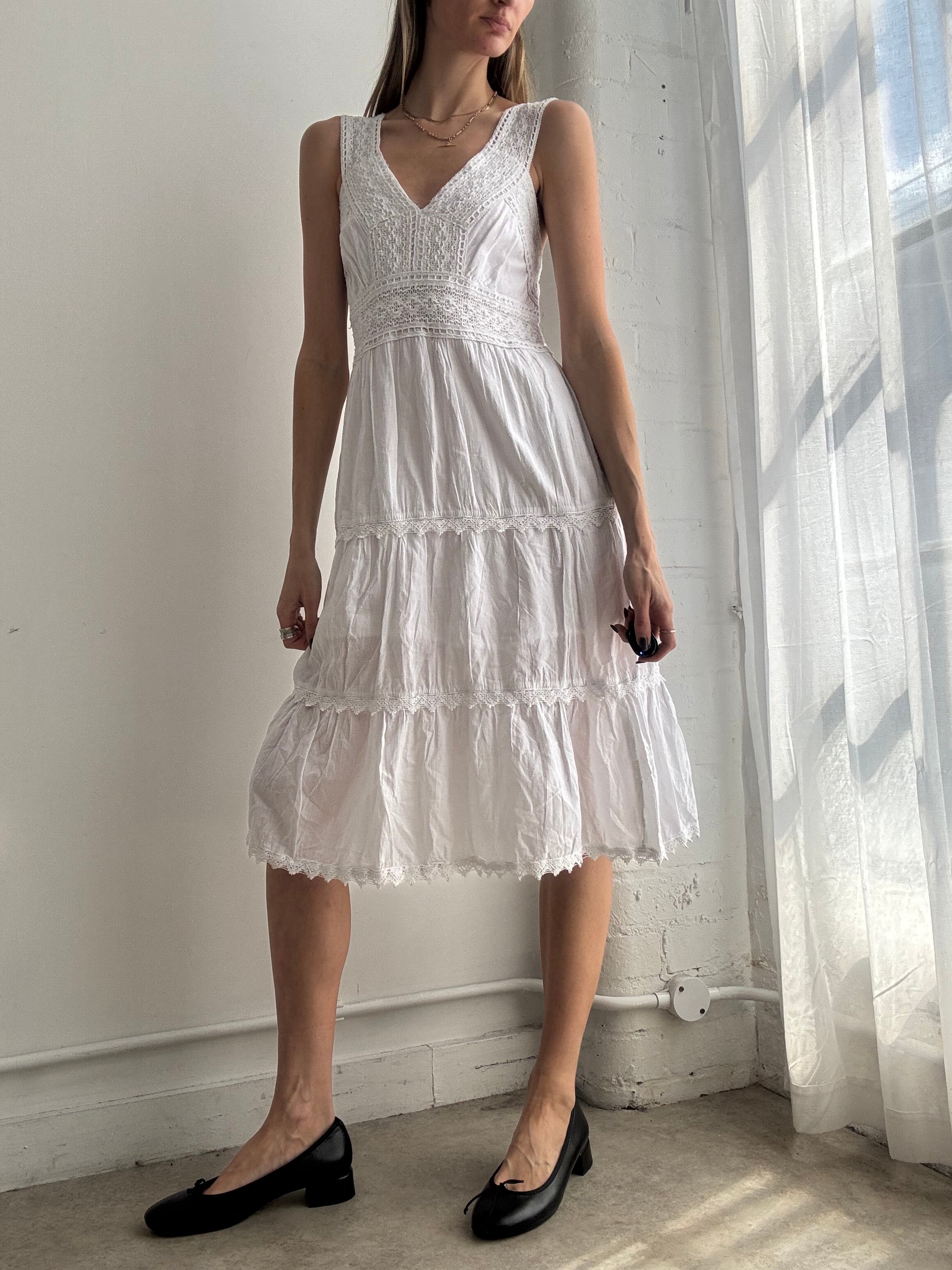 Vintage Y2K white cotton lace trim midi dress - Size S/M