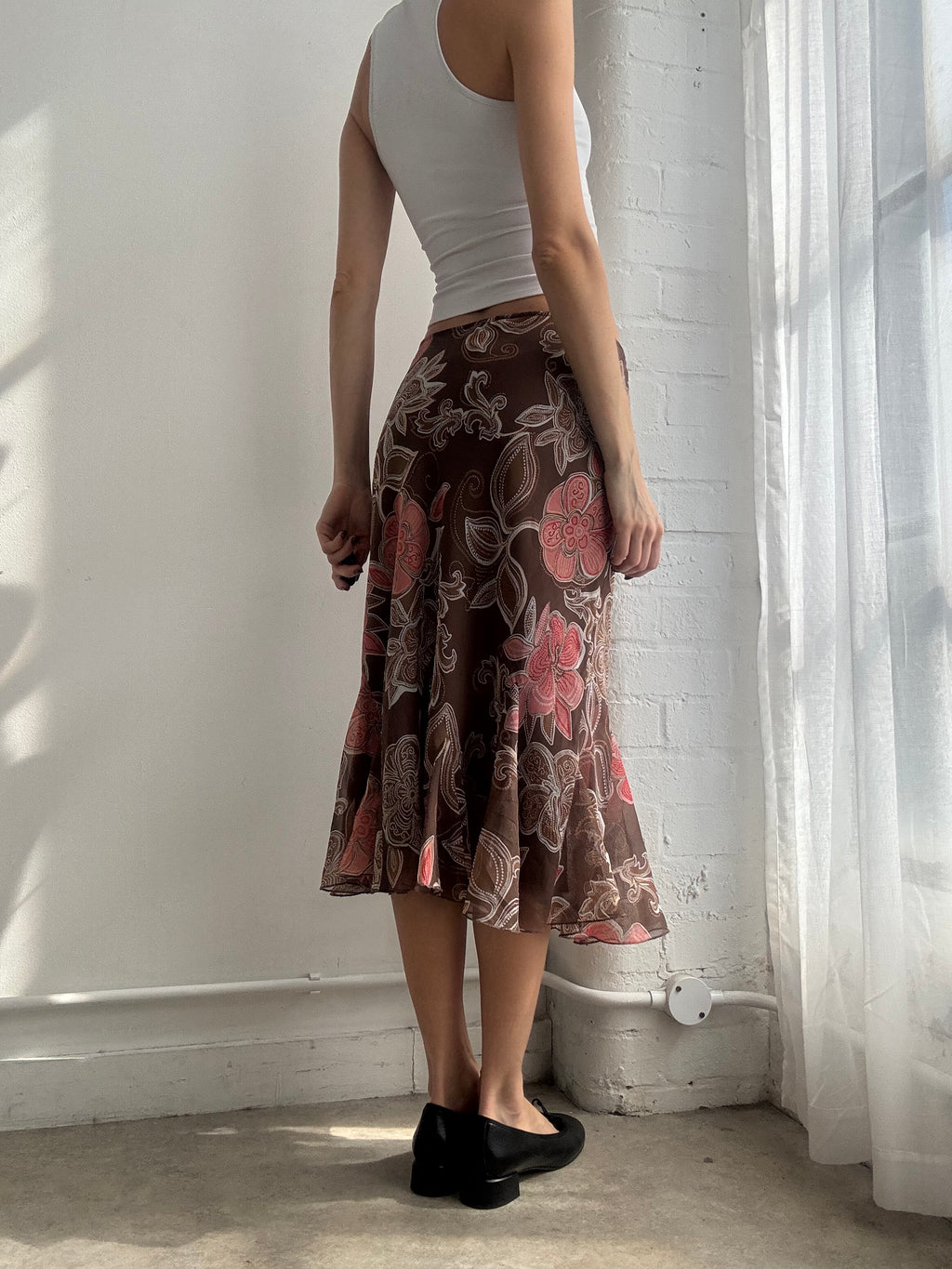 Vintage Y2K brown floral mesh ruffle hem midi skirt