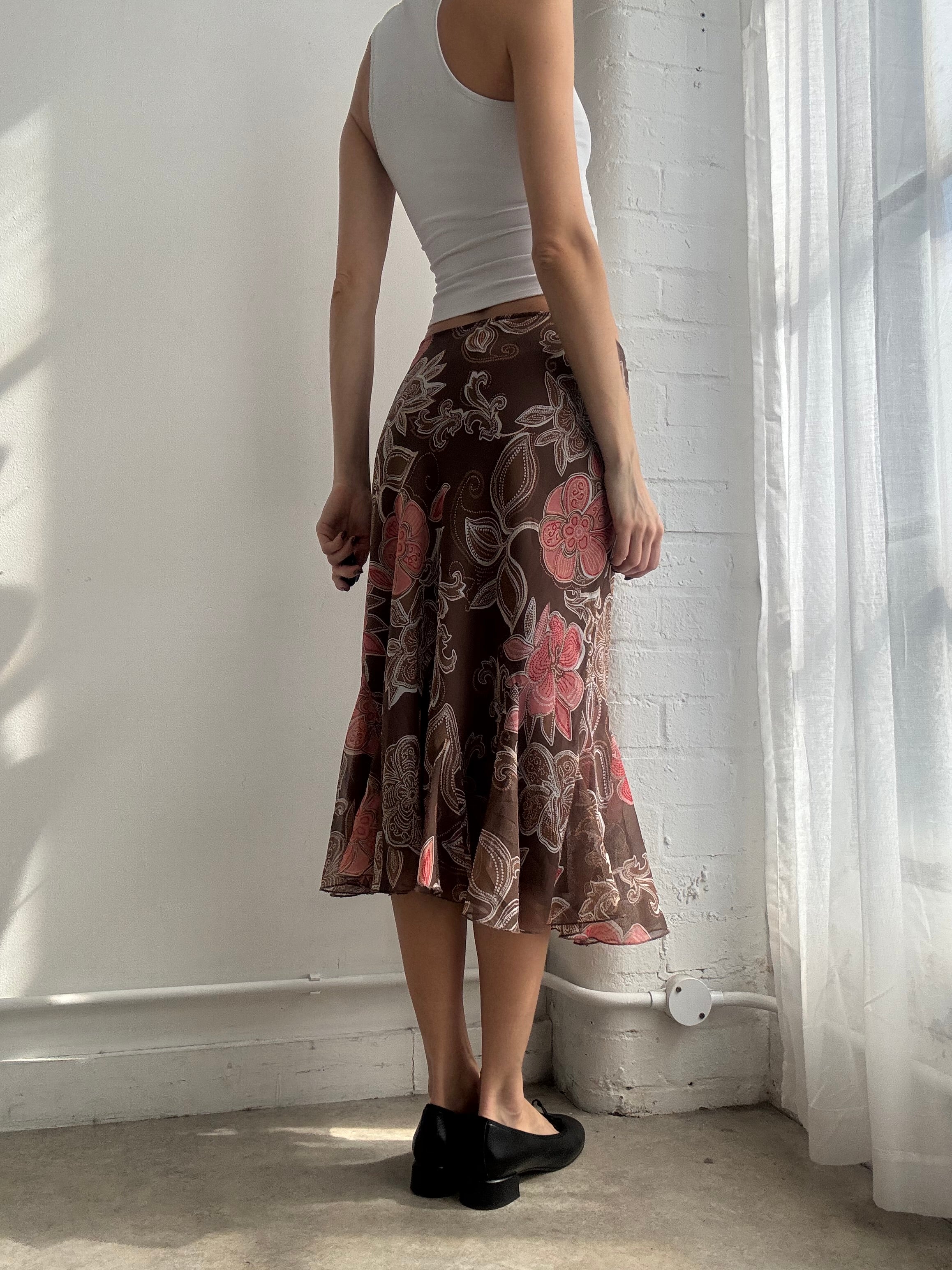 Vintage Y2K brown floral mesh ruffle hem midi skirt