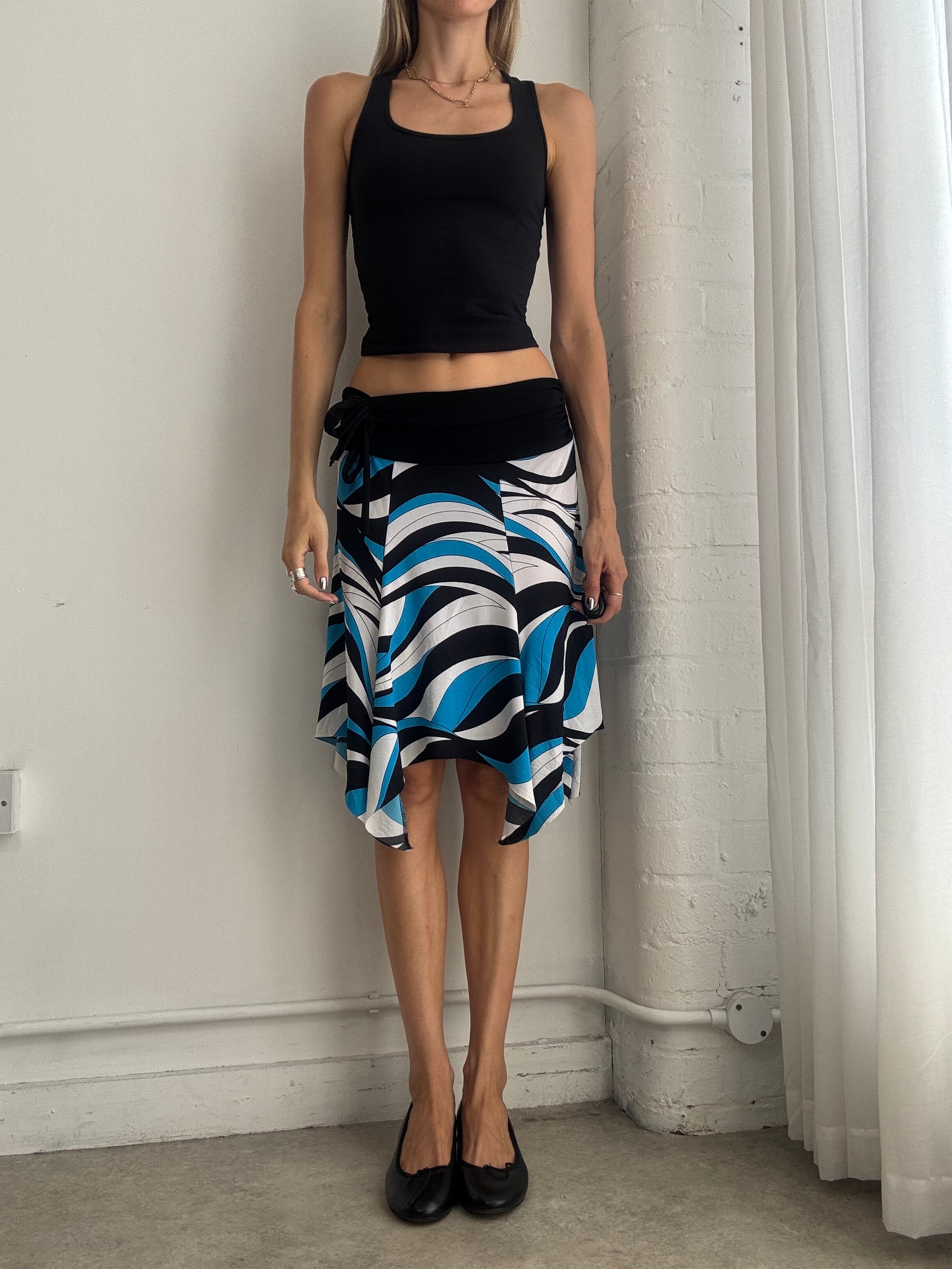Vintage Y2K Abstract Print Handkerchief Midi Skirt – Blue Black Asymmetric Skirt - Size S