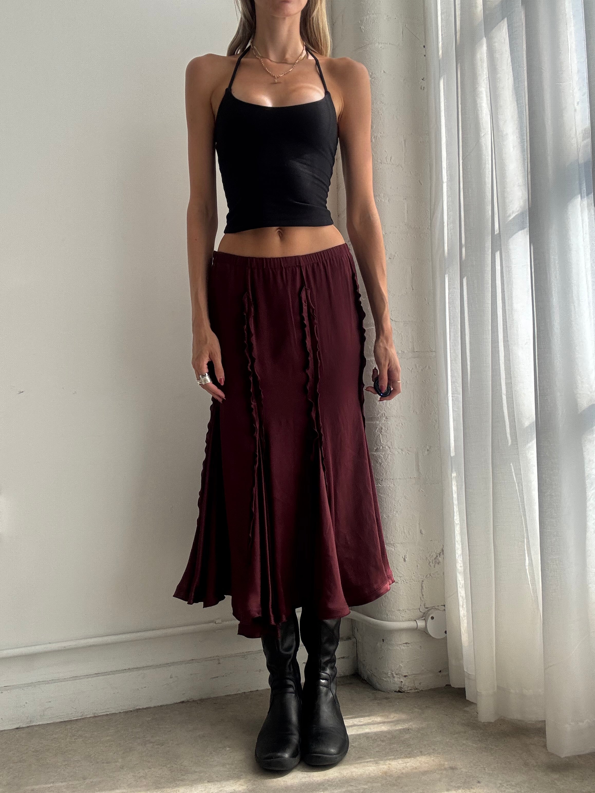 Vintage Y2K Burgundy Silk Ruffle Maxi Skirt - Size S
