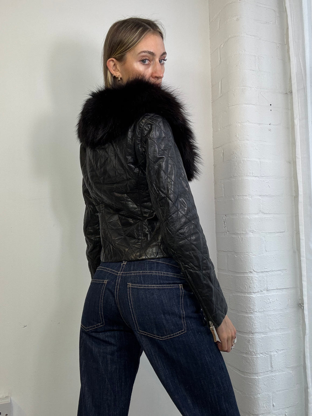 Vintage Y2K asymmetric leather biker jacket with fur trim