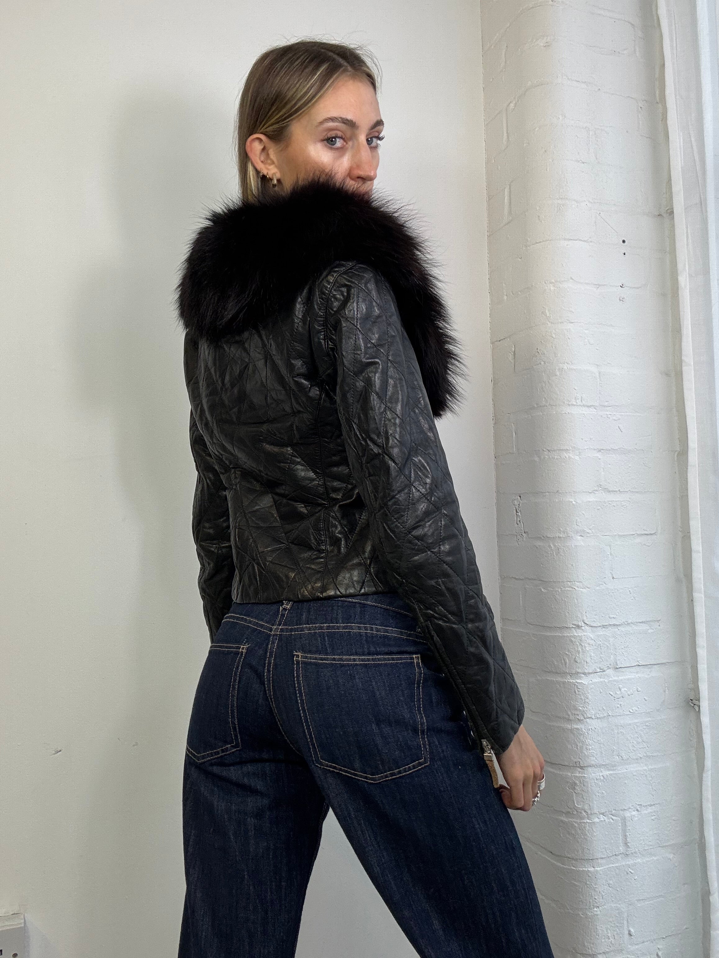 Vintage Y2K asymmetric leather biker jacket with fur trim
