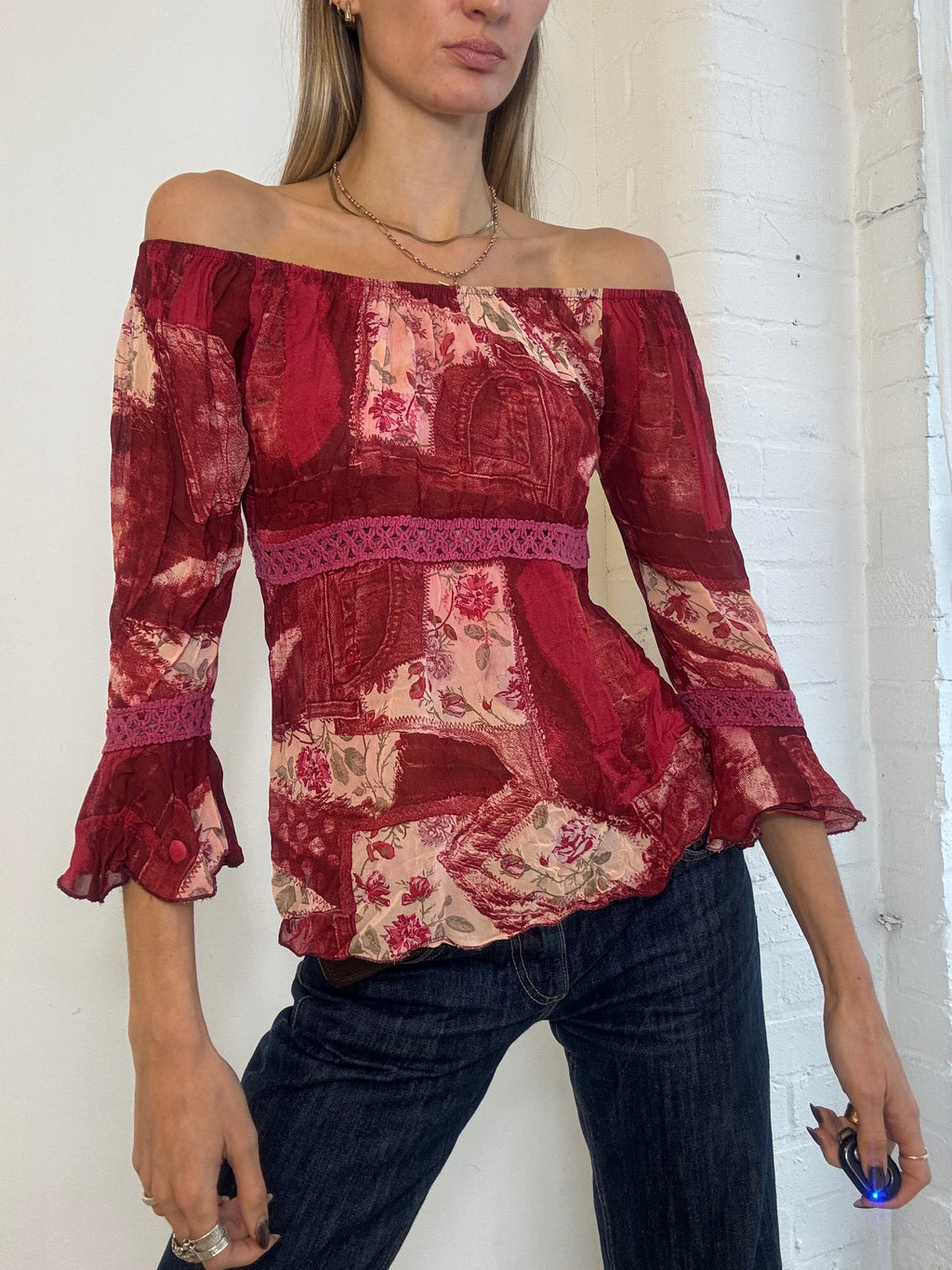 Vintage Y2K Red Floral Patchwork Bardot Peasant Top - Size S/M