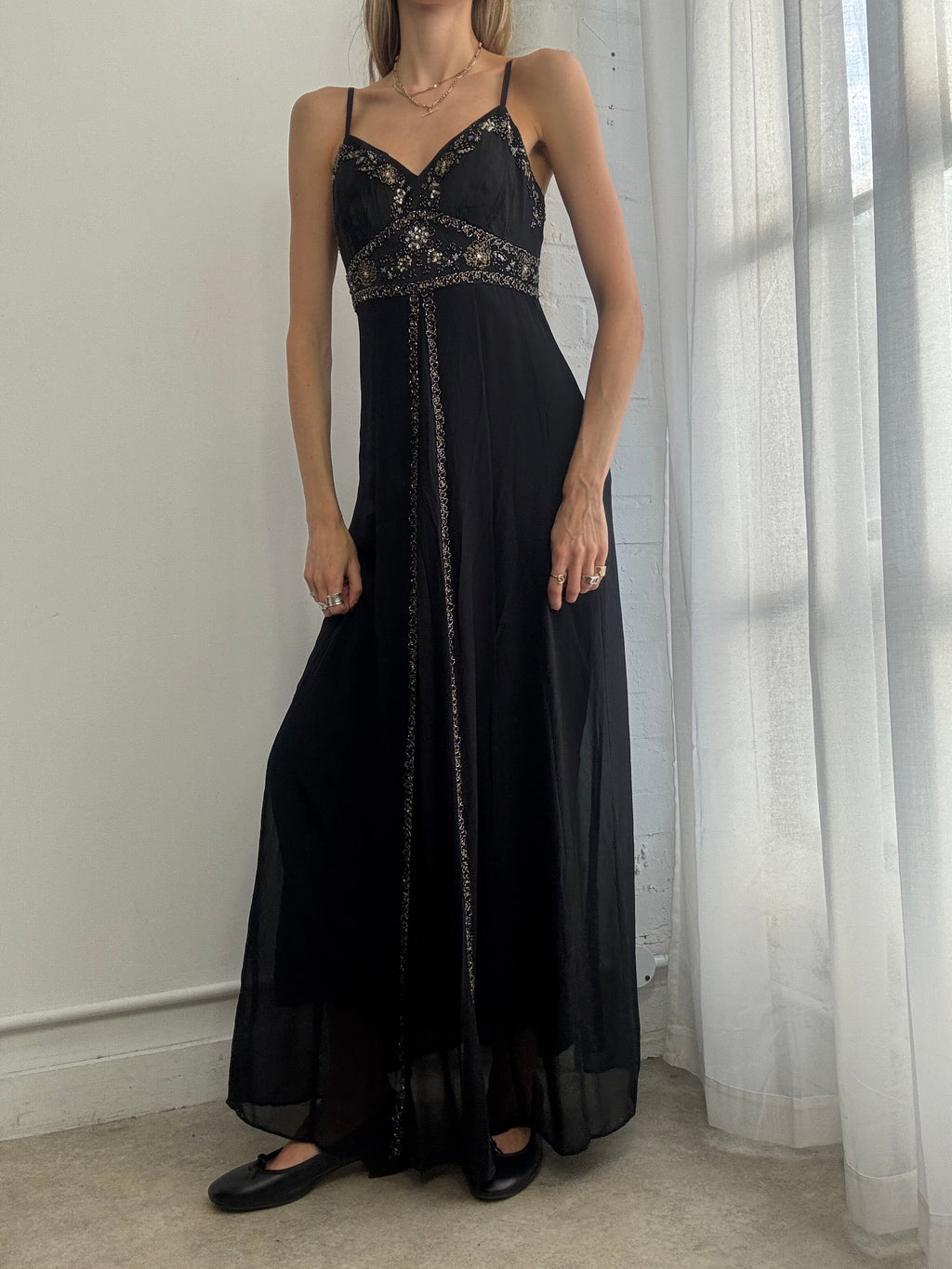 Vintage Y2K beaded black mesh slip dress