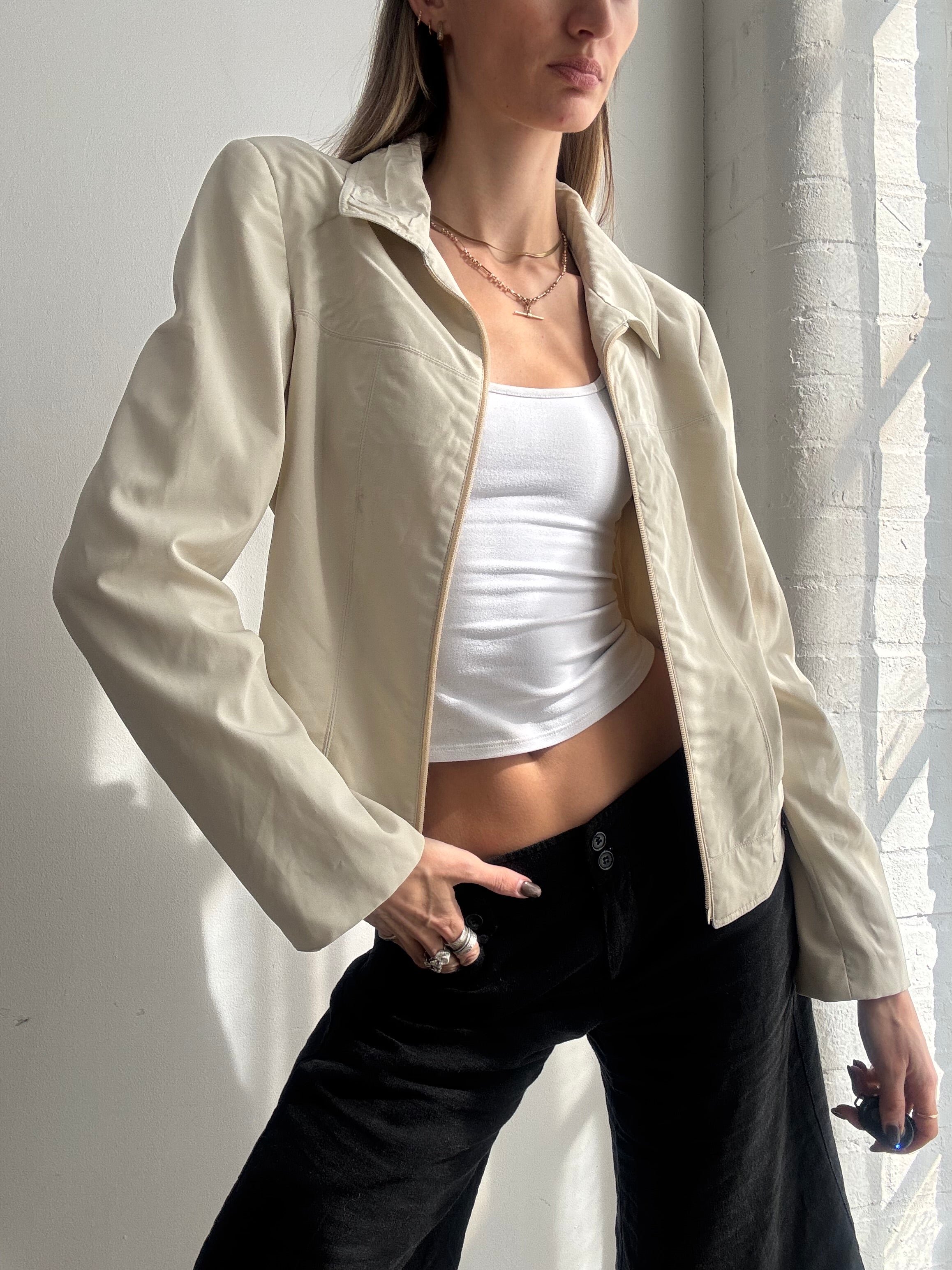 Vintage Y2K Sportstaff cream fitted dual zip jacket - Size M