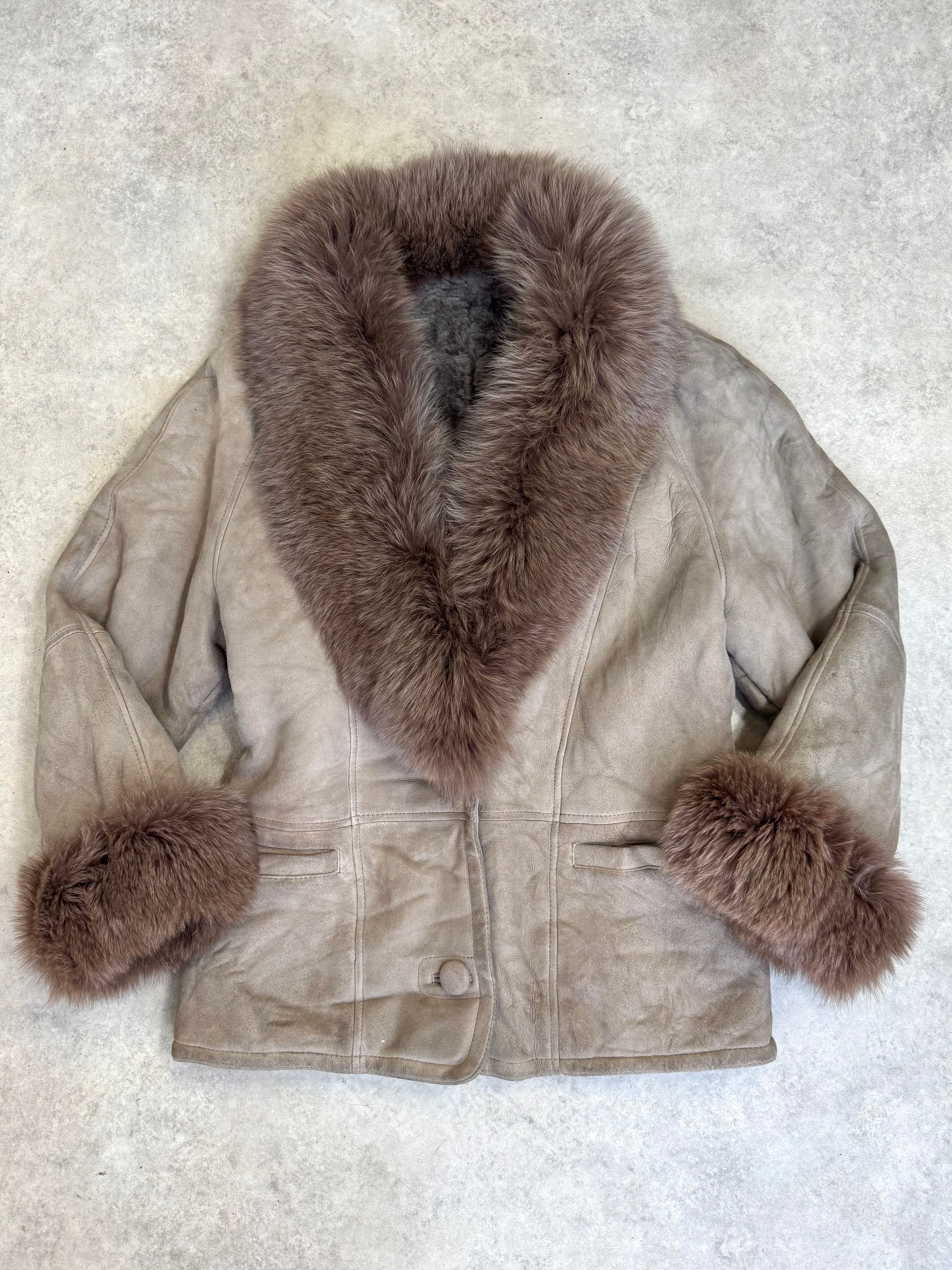 Vintage 90s sheepskin coat with fox fur trim