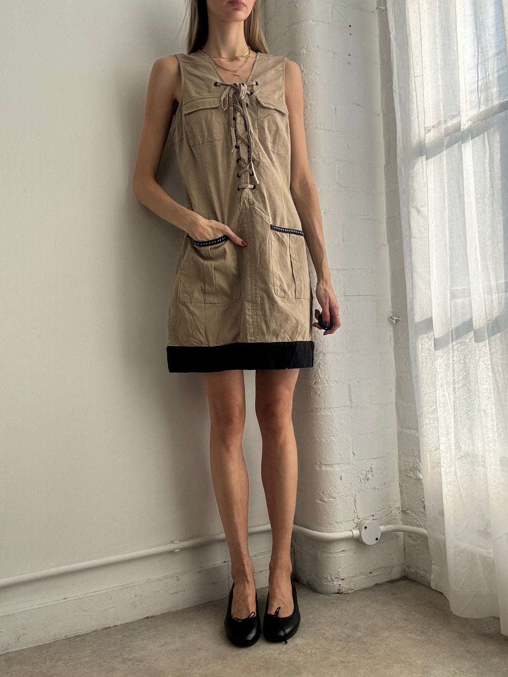 Vintage Y2k Lace Up Mini Dress Beige